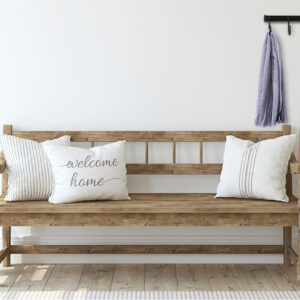 Farmhouse entryway. Wooden bench near white wall. Interior mockup. 3d render.