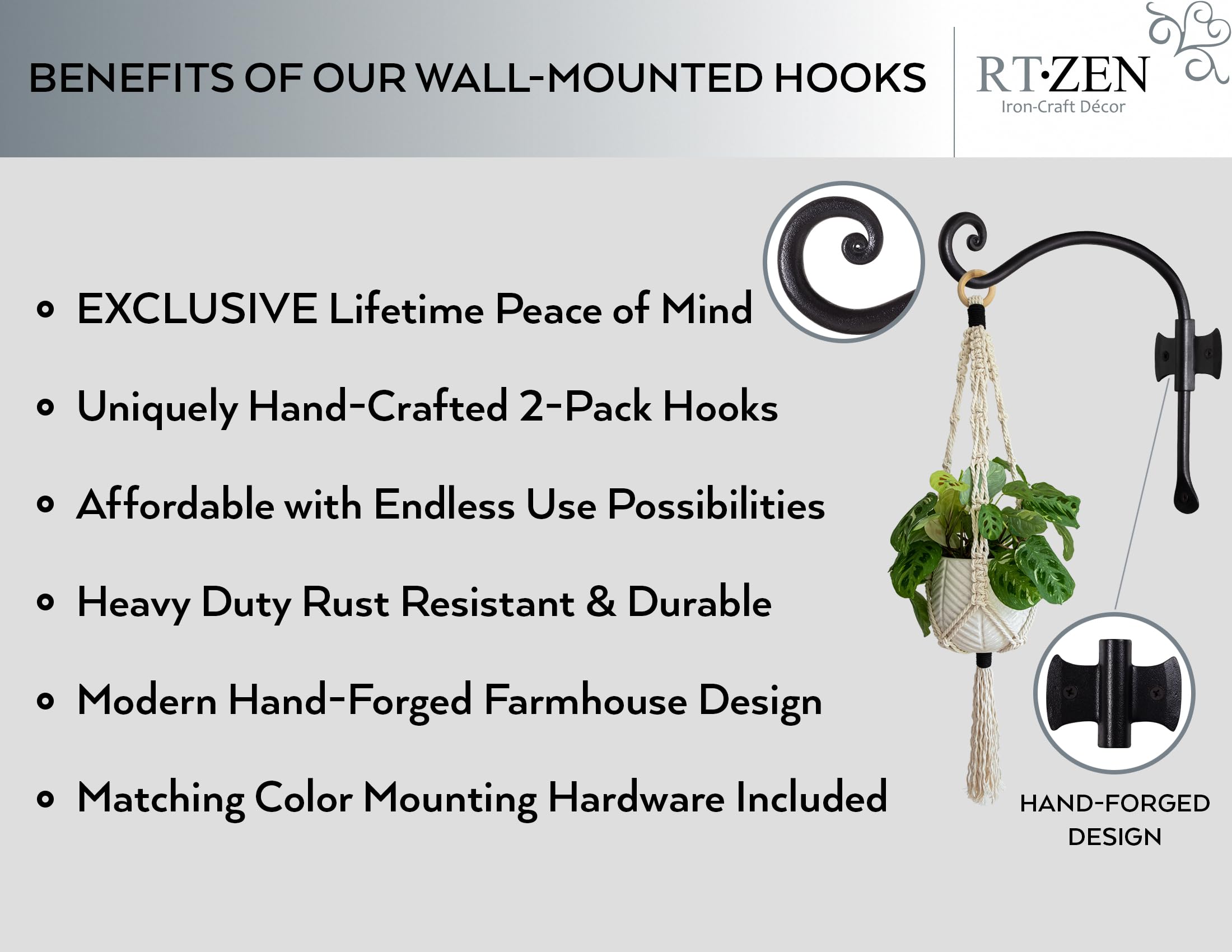 Black Curved Hooks 10" Wrought Iron Wall Mounted Plant Hanger 2 Pack - Image 2