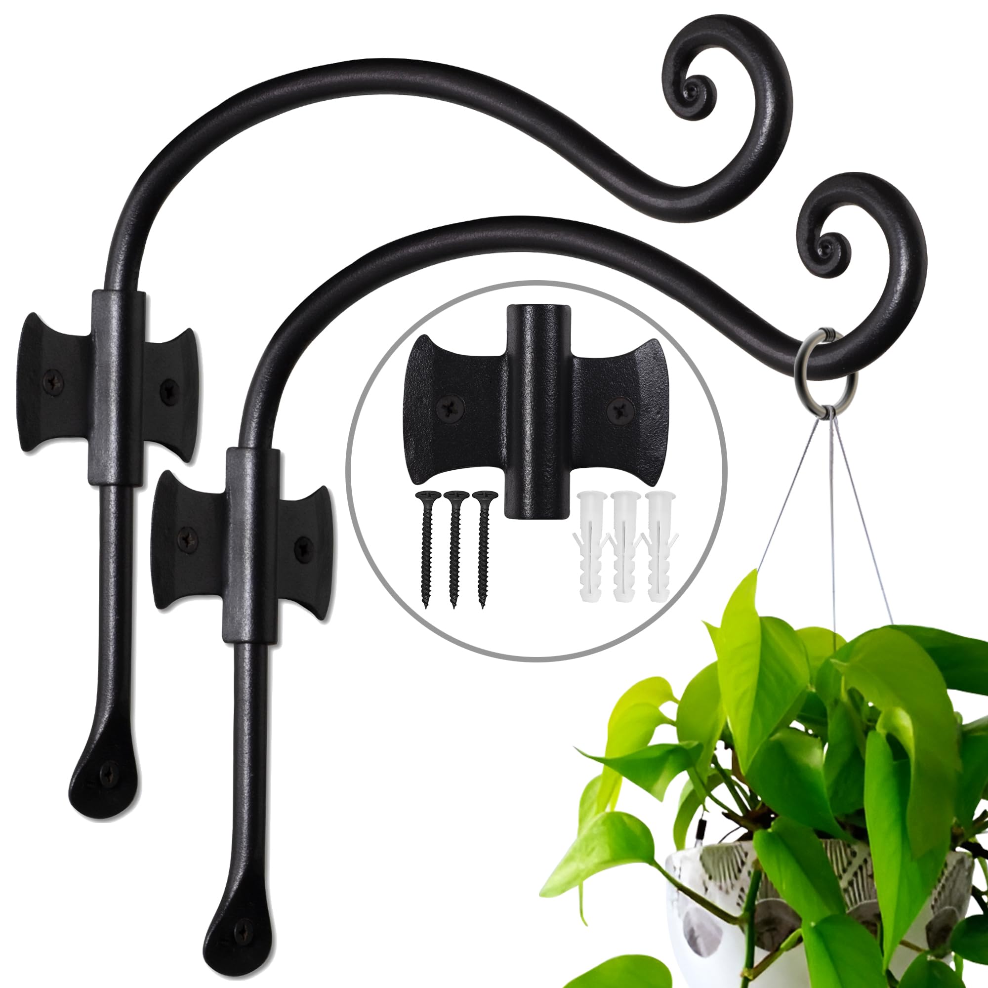 Black Curved Hooks 10" Wrought Iron Wall Mounted Plant Hanger 2 Pack