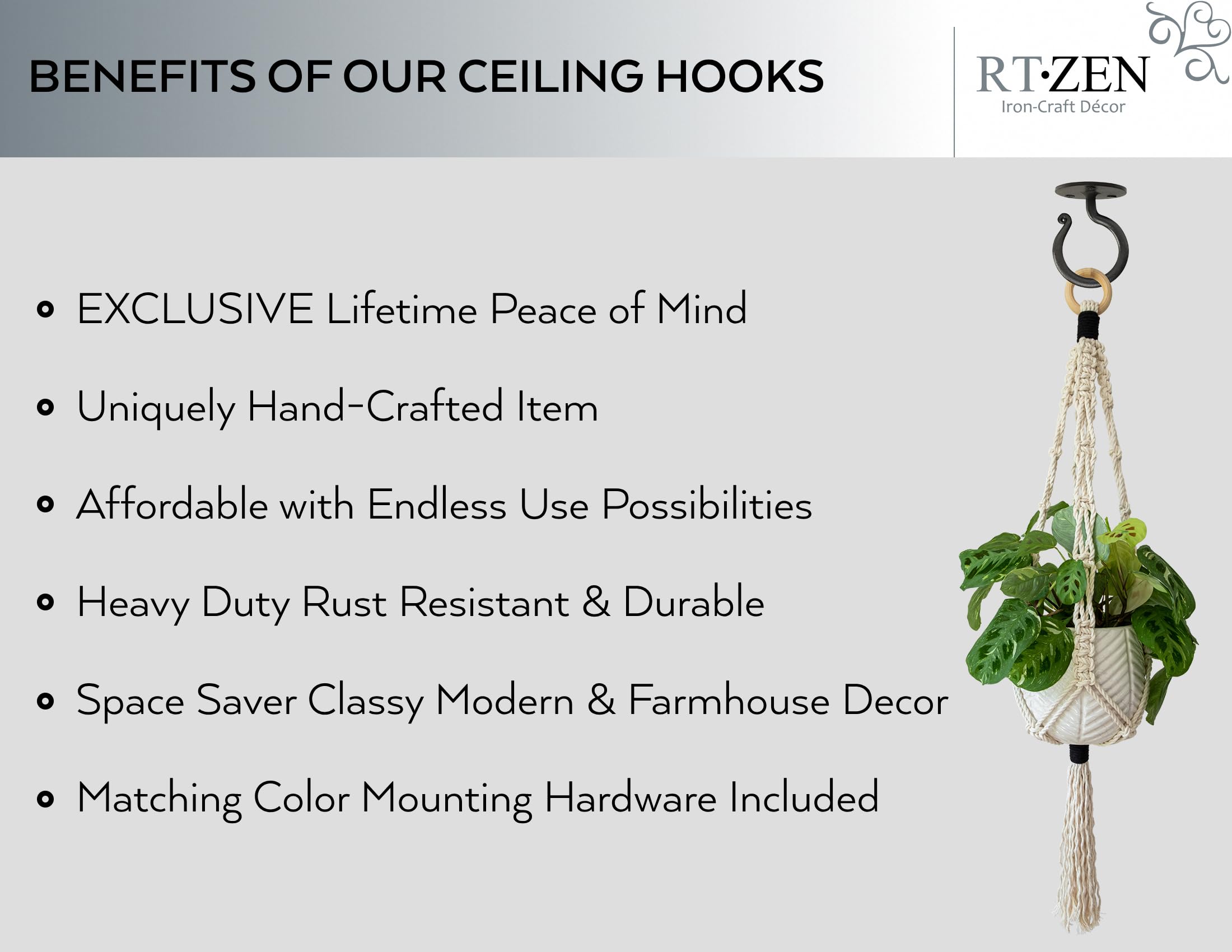 Black Ceiling Hooks Wrought Iron Plant Hanger 2 Pack - Image 2