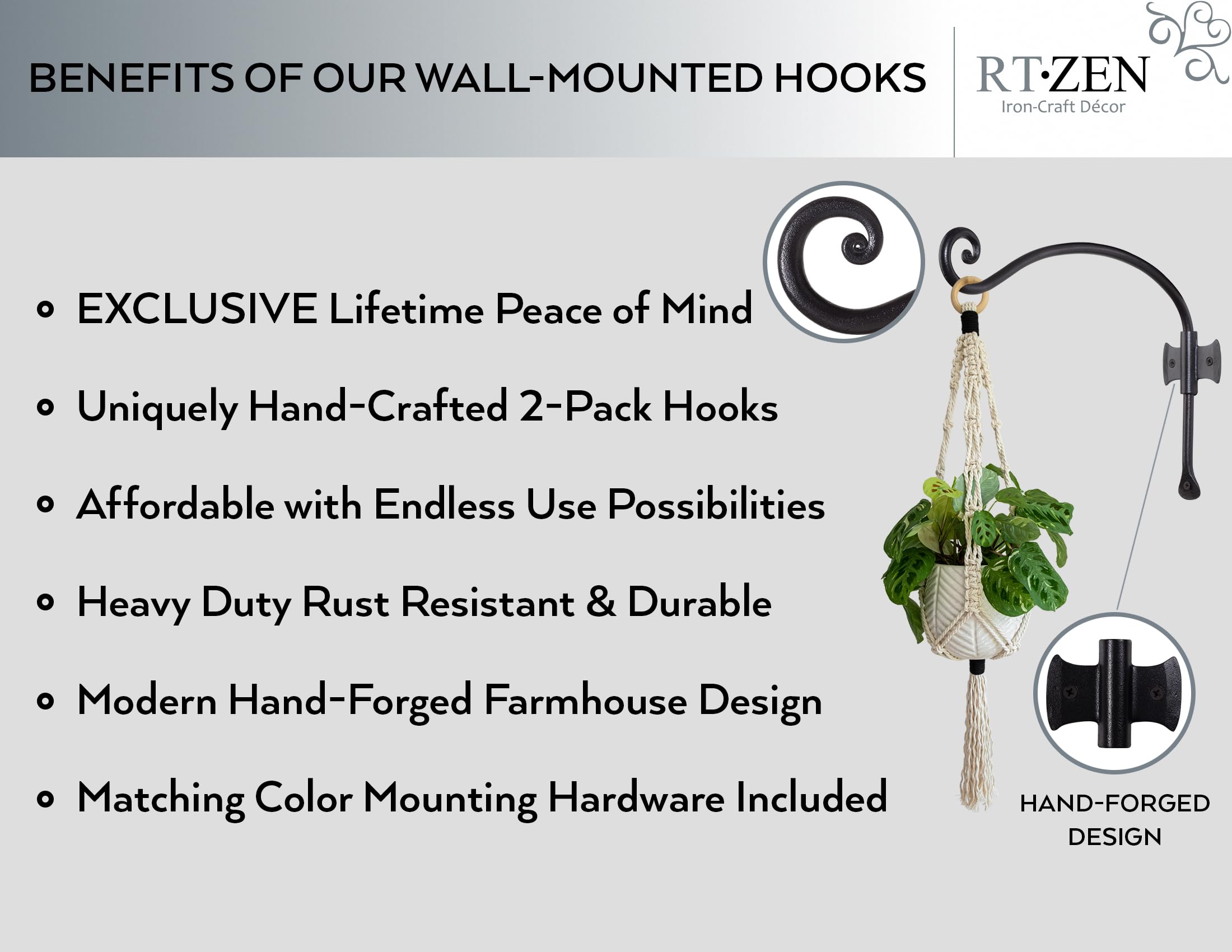 Black Curved Hooks 12" Wrought Iron Wall Mounted Plant Hanger 2 Pack - Image 2