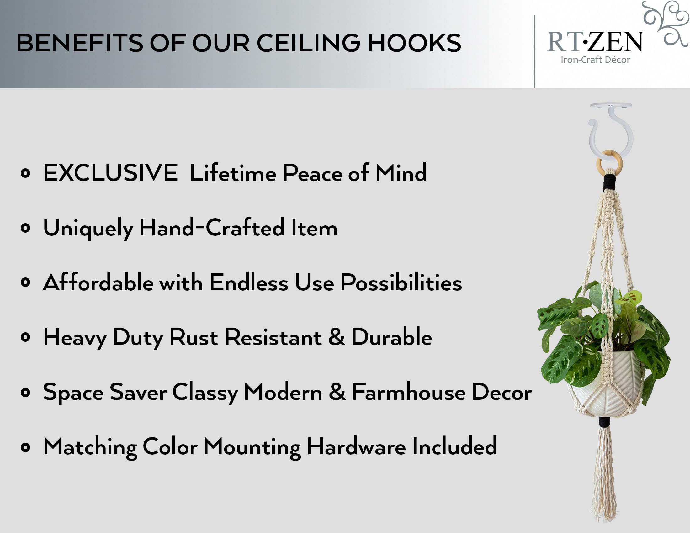White Ceiling Hooks Wrought Iron Plant Hanger 2 Pack - Image 2