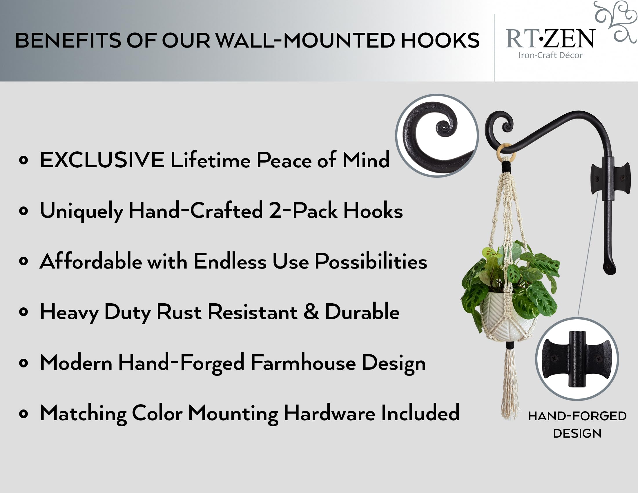 Black Curved Hooks 8" Wrought Iron Wall Mounted Plant Hanger 2 Pack - Image 2