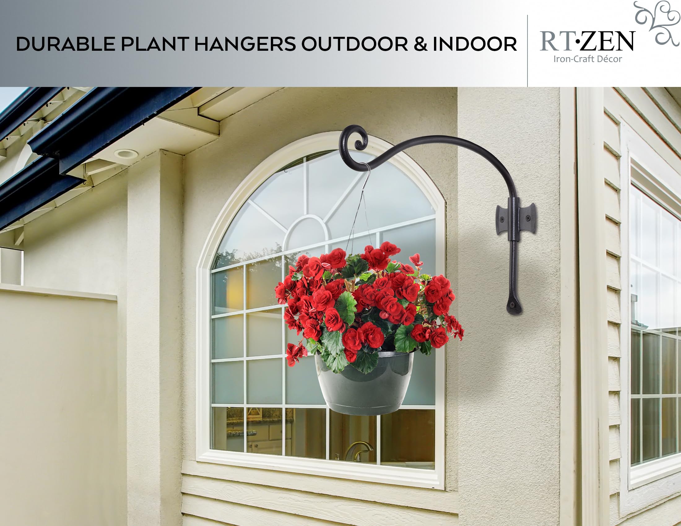 Black Curved Hooks 12" Wrought Iron Wall Mounted Plant Hanger 2 Pack - Image 6