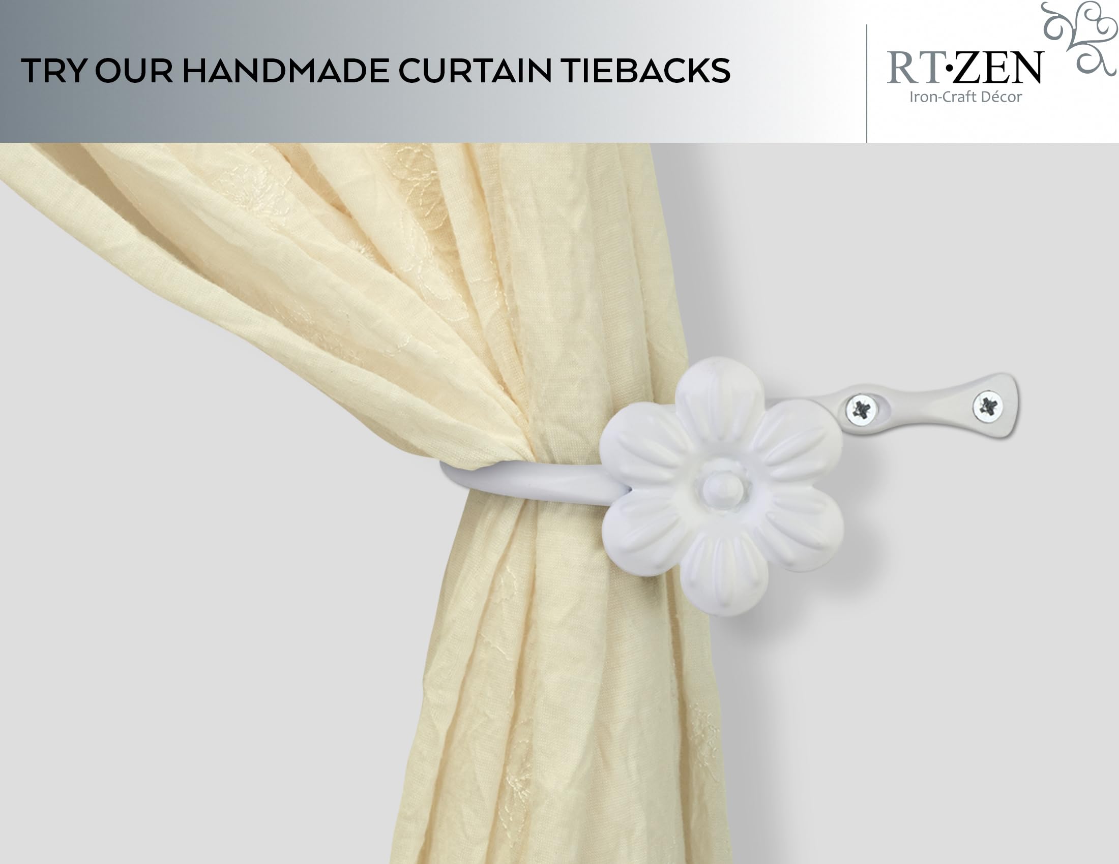 White Flower Curtain Holdbacks, Hand-Forged Wrought Iron Tiebacks - Image 6