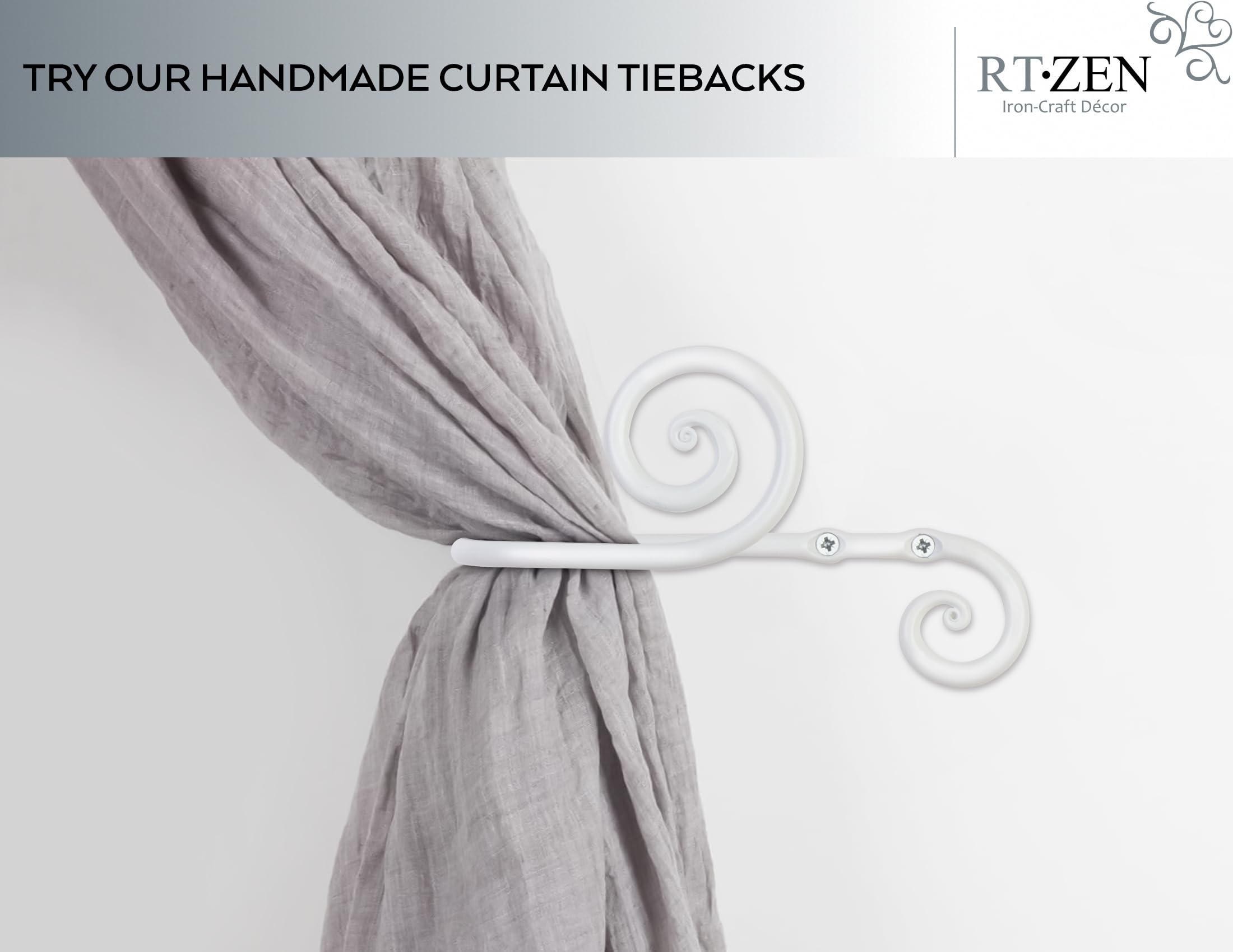 White Swirly Curtain Holdbacks, Hand-Forged Wrought Iron Tiebacks - Image 6