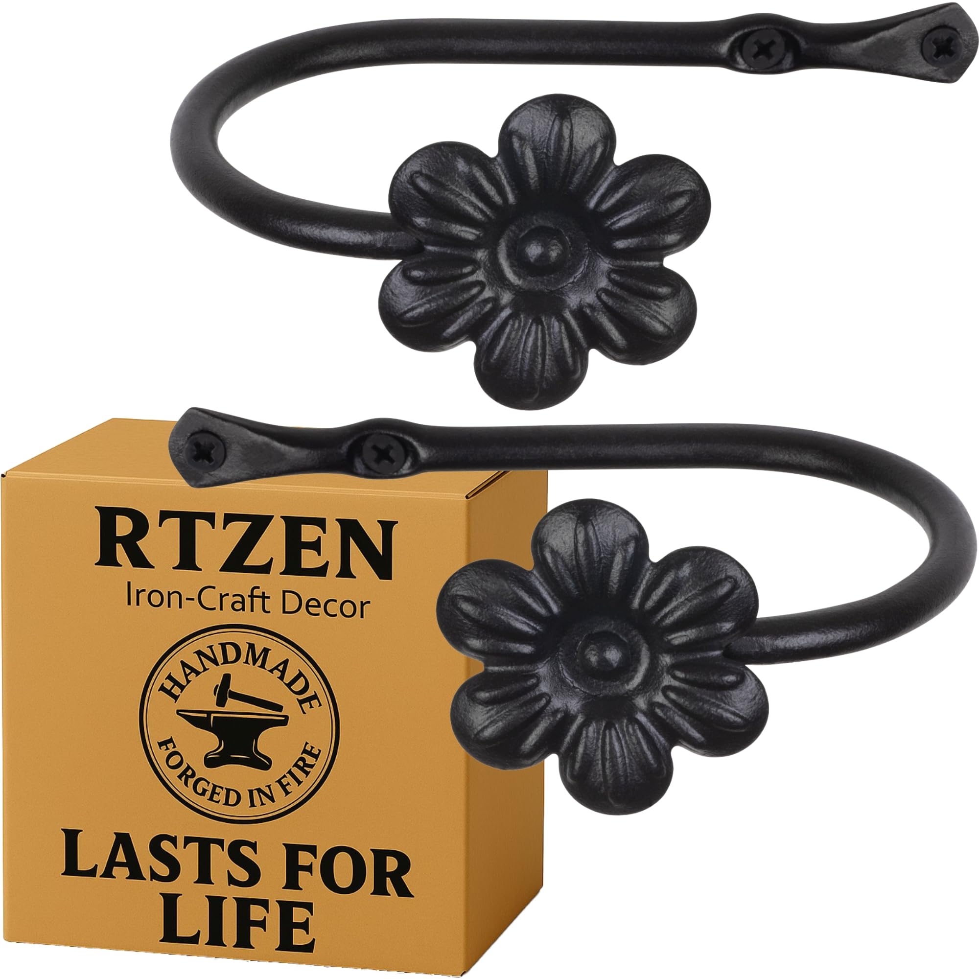 Black Flower Curtain Holdbacks, Hand-Forged Wrought Iron Tiebacks