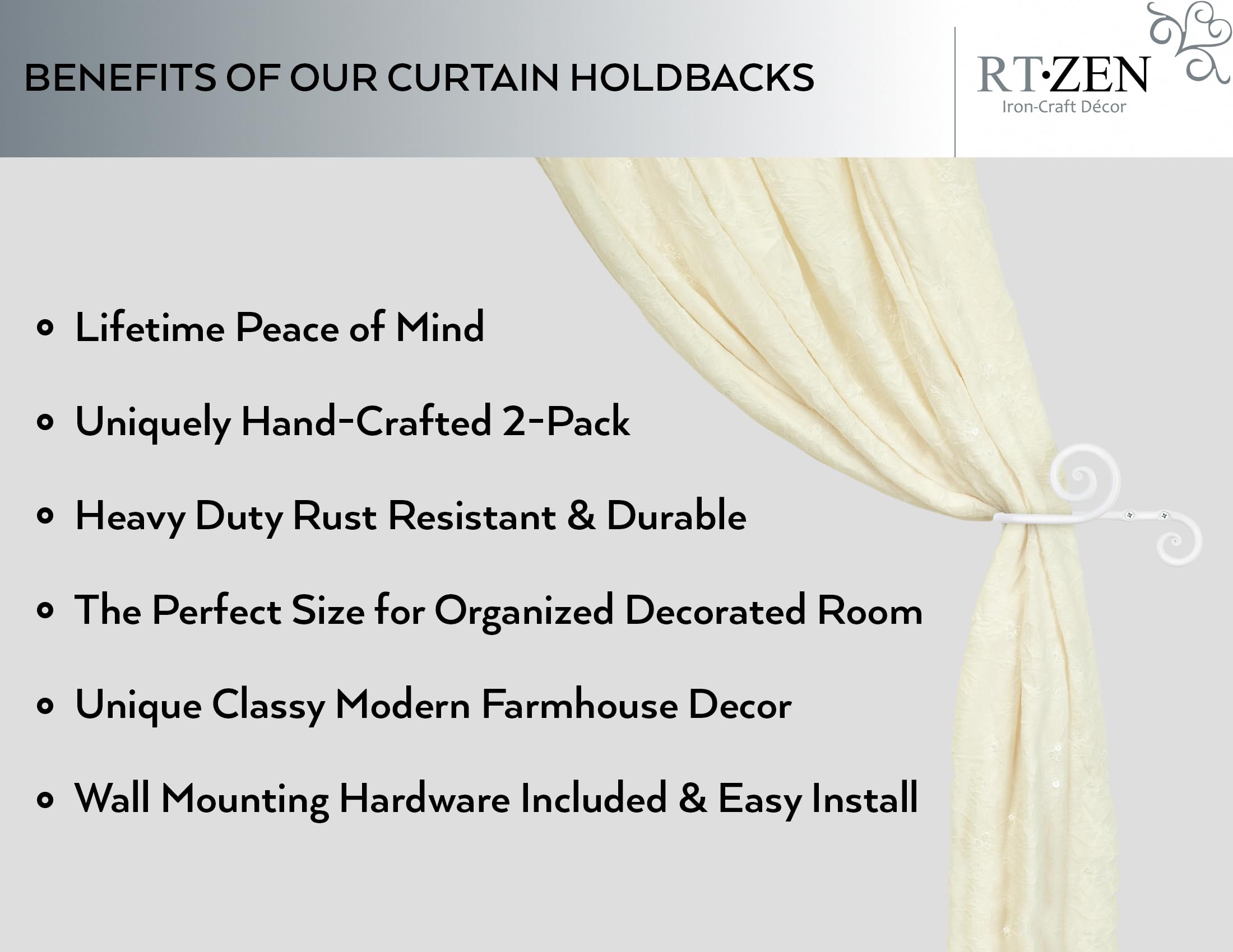 White Swirly Curtain Holdbacks, Hand-Forged Wrought Iron Tiebacks - Image 2