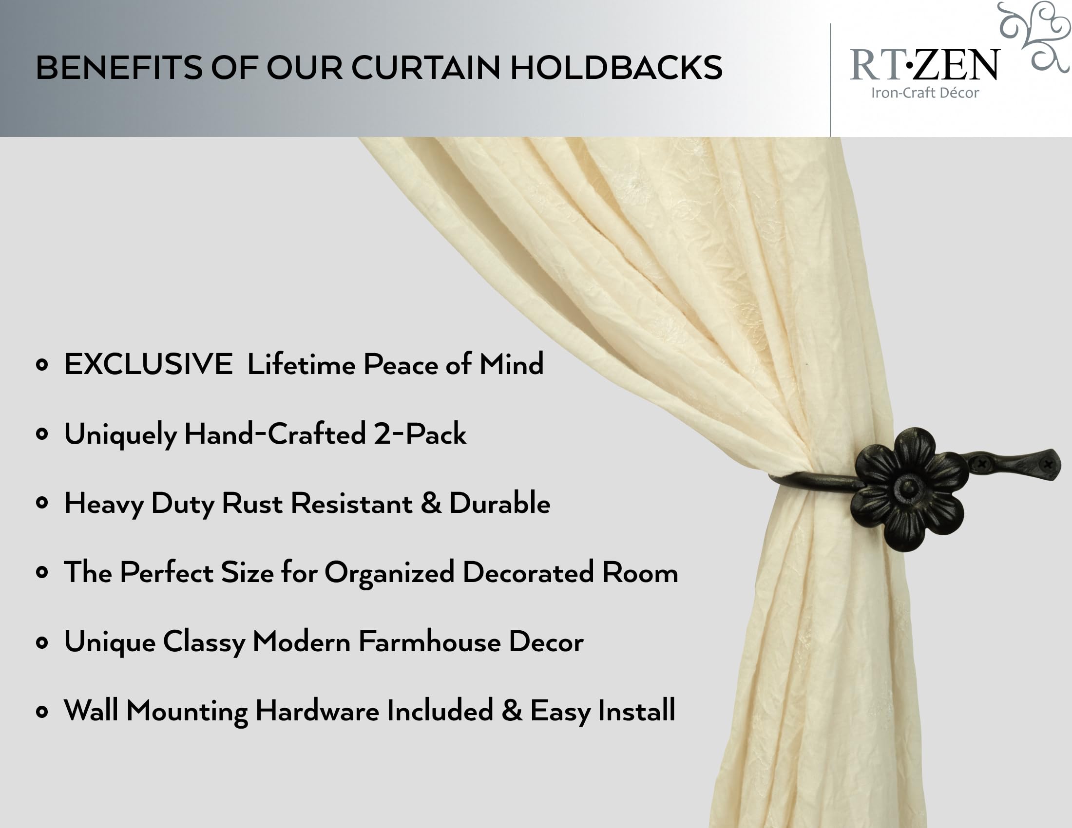 Black Flower Curtain Holdbacks, Hand-Forged Wrought Iron Tiebacks - Image 2