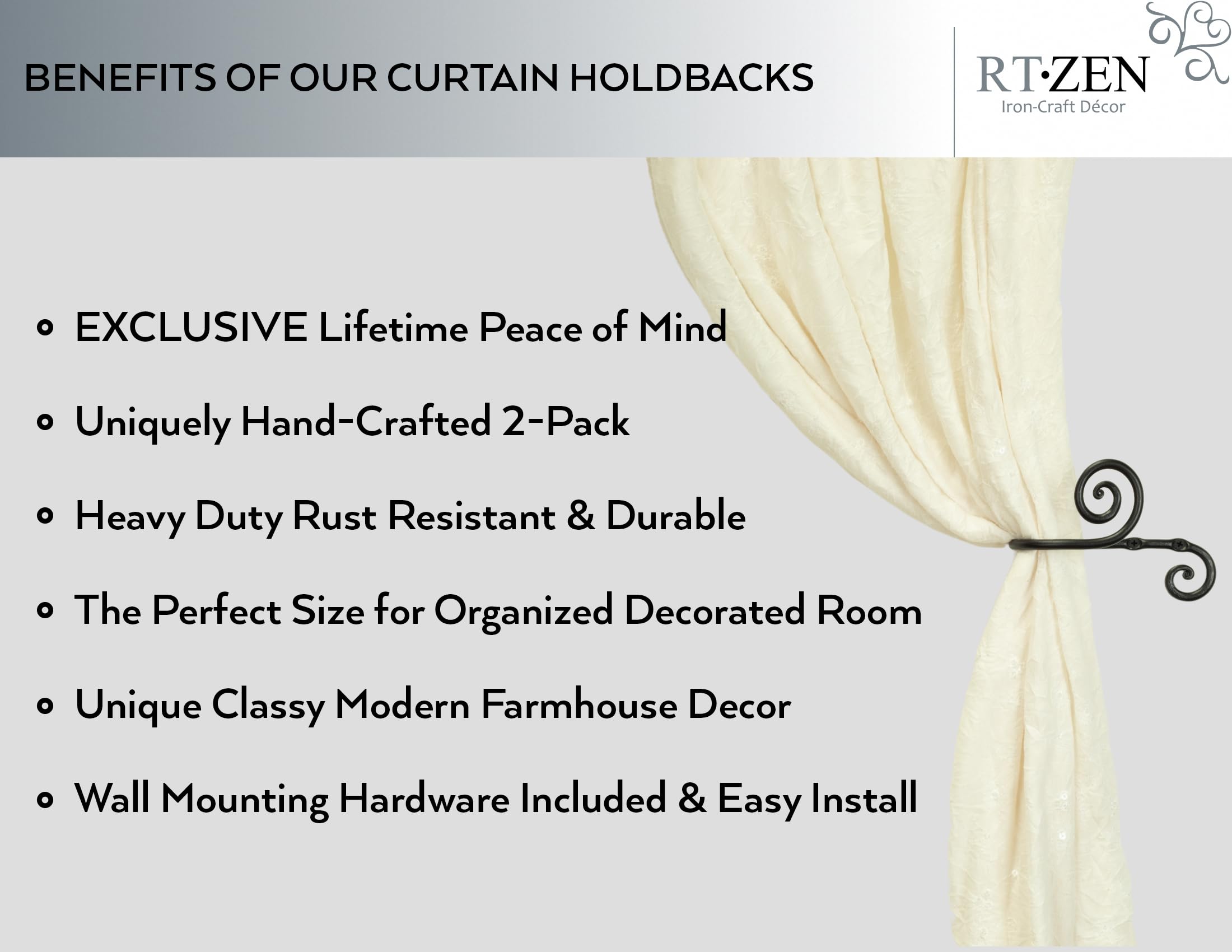 Black Swirly Curtain Holdbacks, Hand-Forged Wrought Iron Tiebacks - Image 2