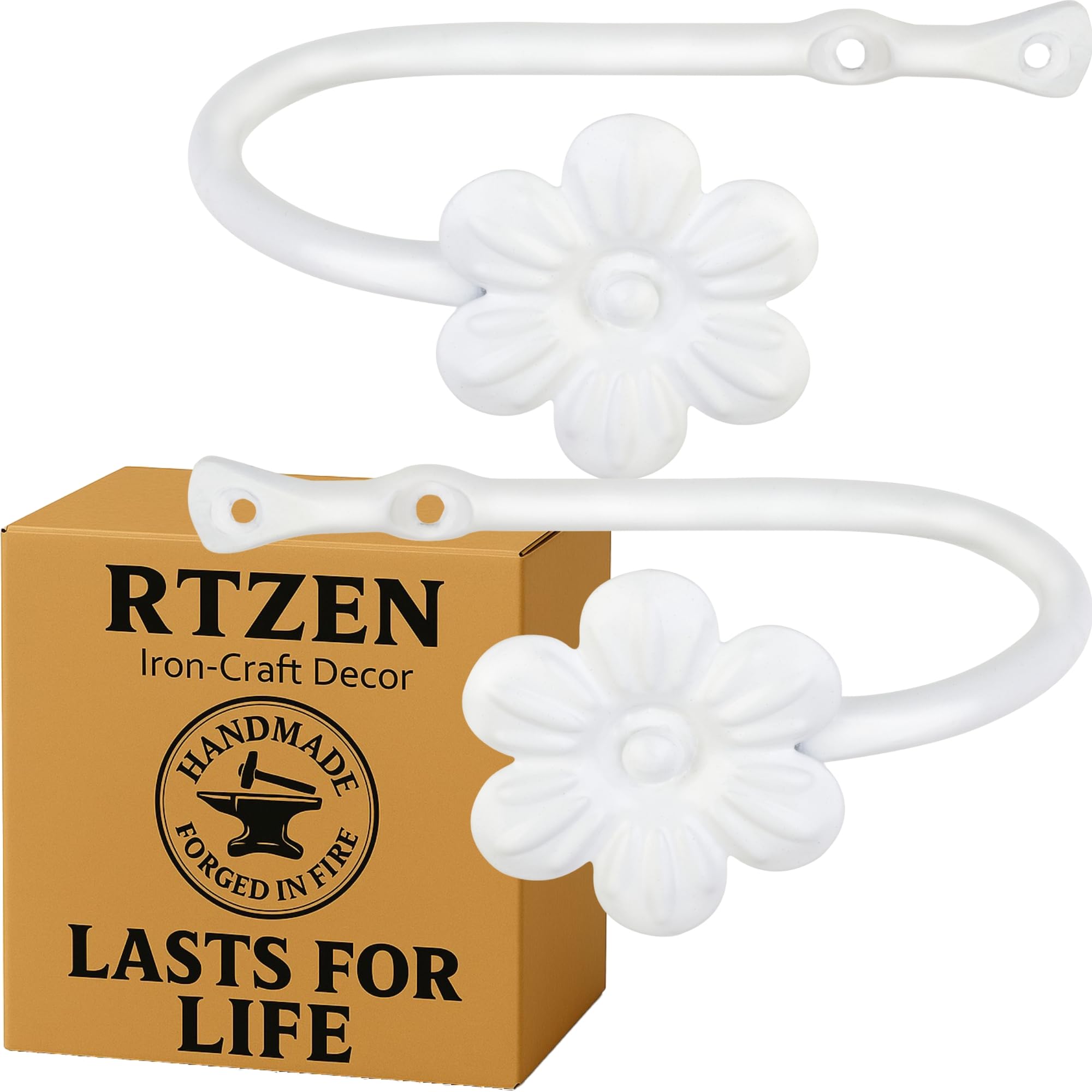 White Flower Curtain Holdbacks, Hand-Forged Wrought Iron Tiebacks