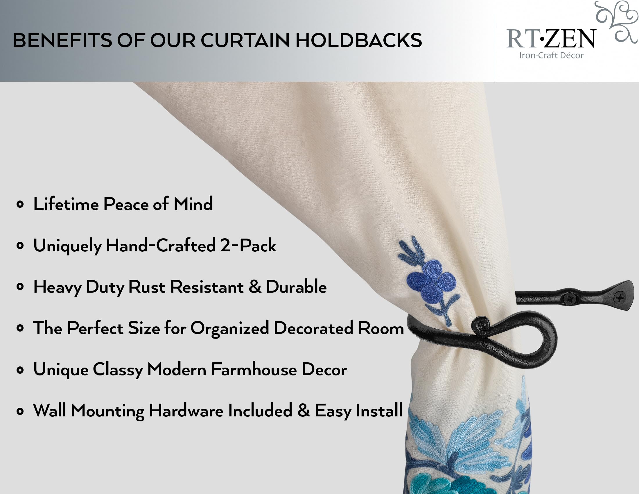 Black Loophole Curtain Holdbacks, Hand-Forged Wrought Iron Tiebacks - Image 2