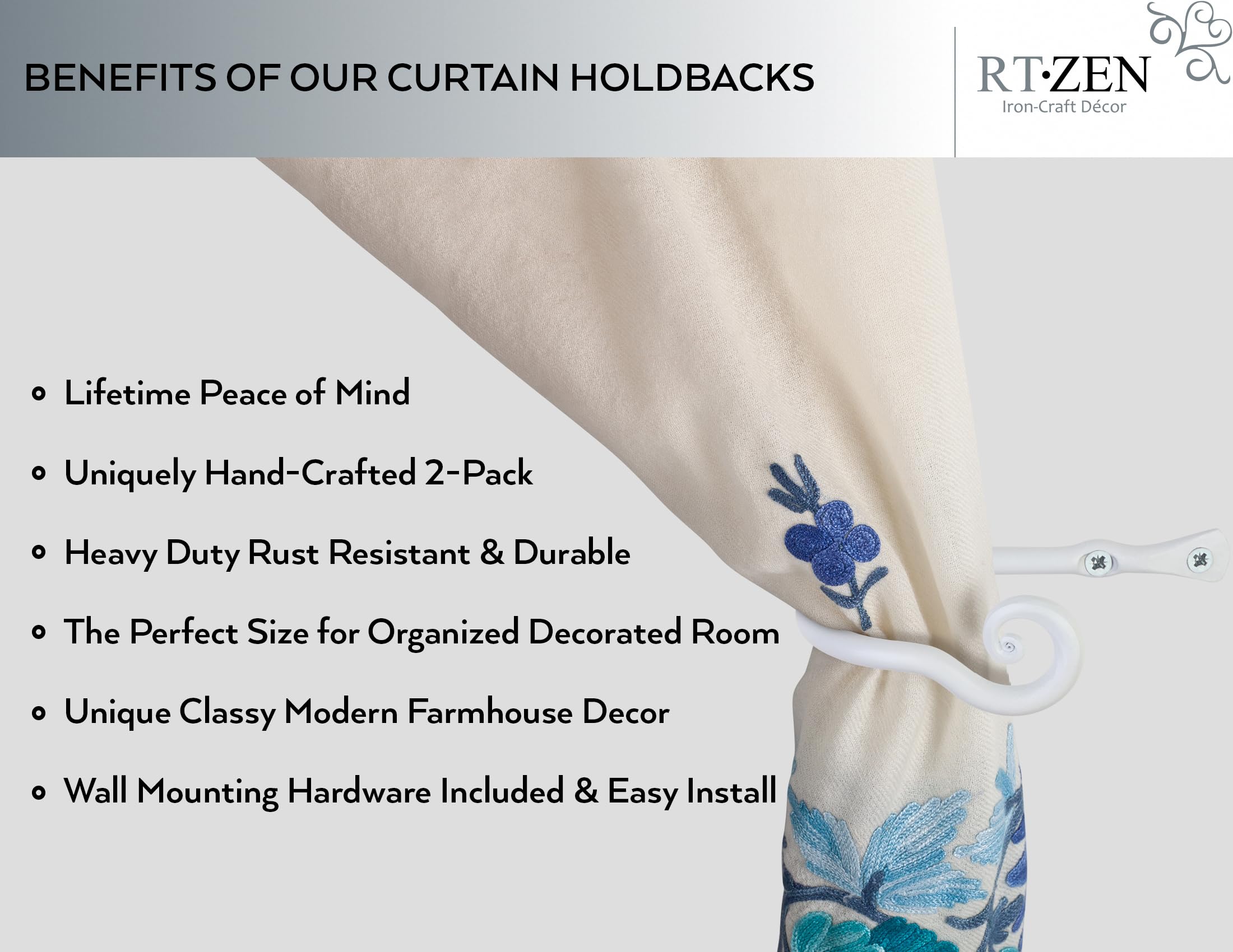 White Classic Curtain Holdbacks, Hand-Forged Wrought Iron Tiebacks - Image 2