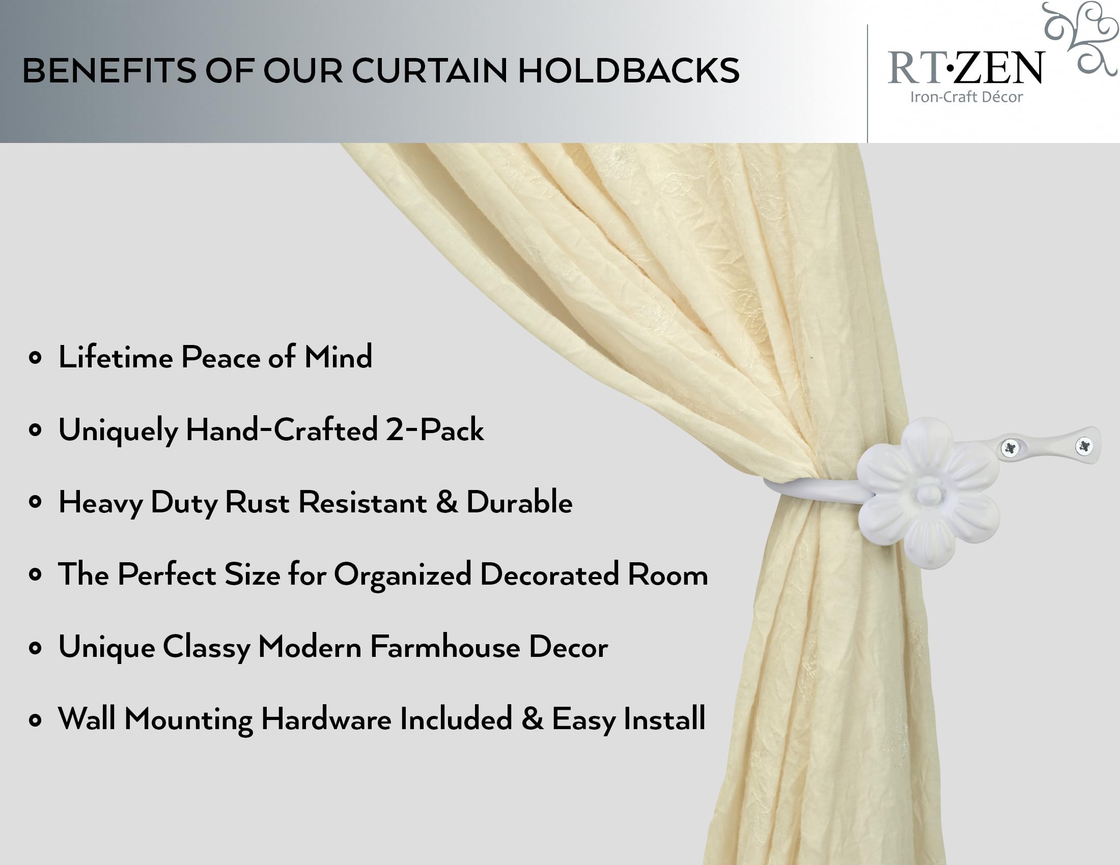 White Flower Curtain Holdbacks, Hand-Forged Wrought Iron Tiebacks - Image 2