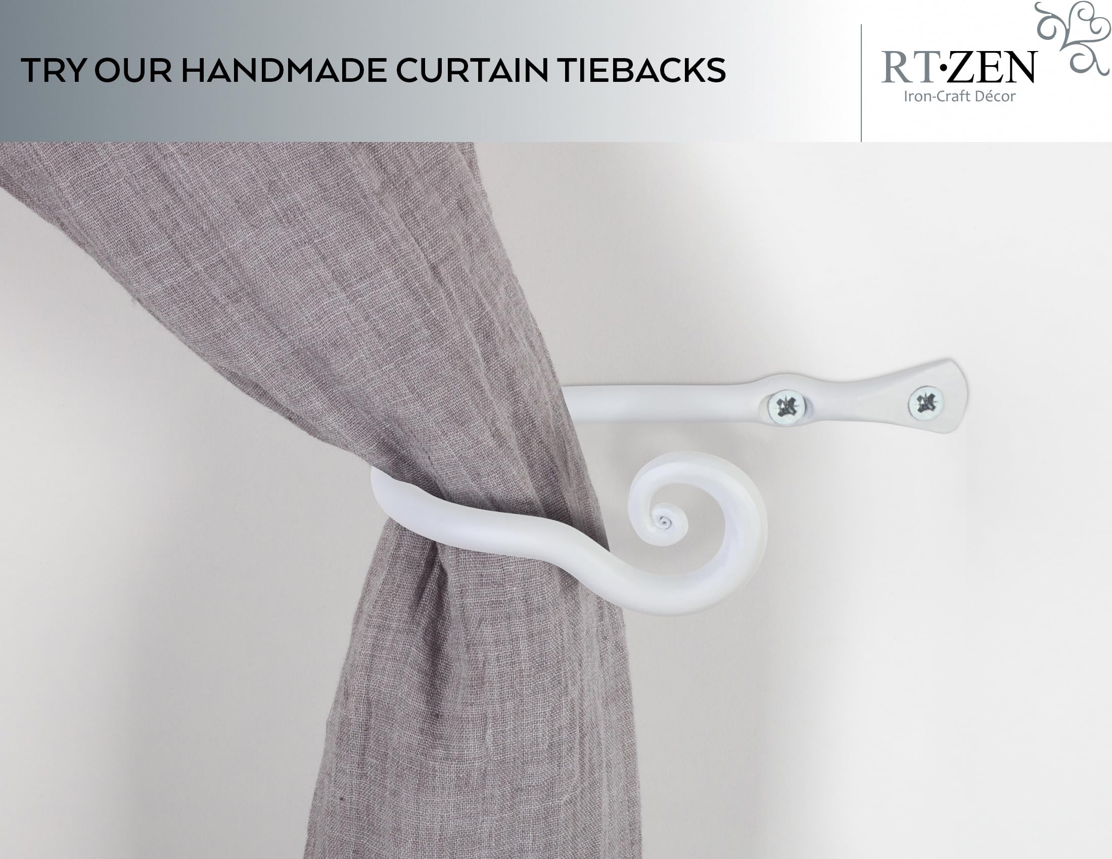 White Classic Curtain Holdbacks, Hand-Forged Wrought Iron Tiebacks - Image 6