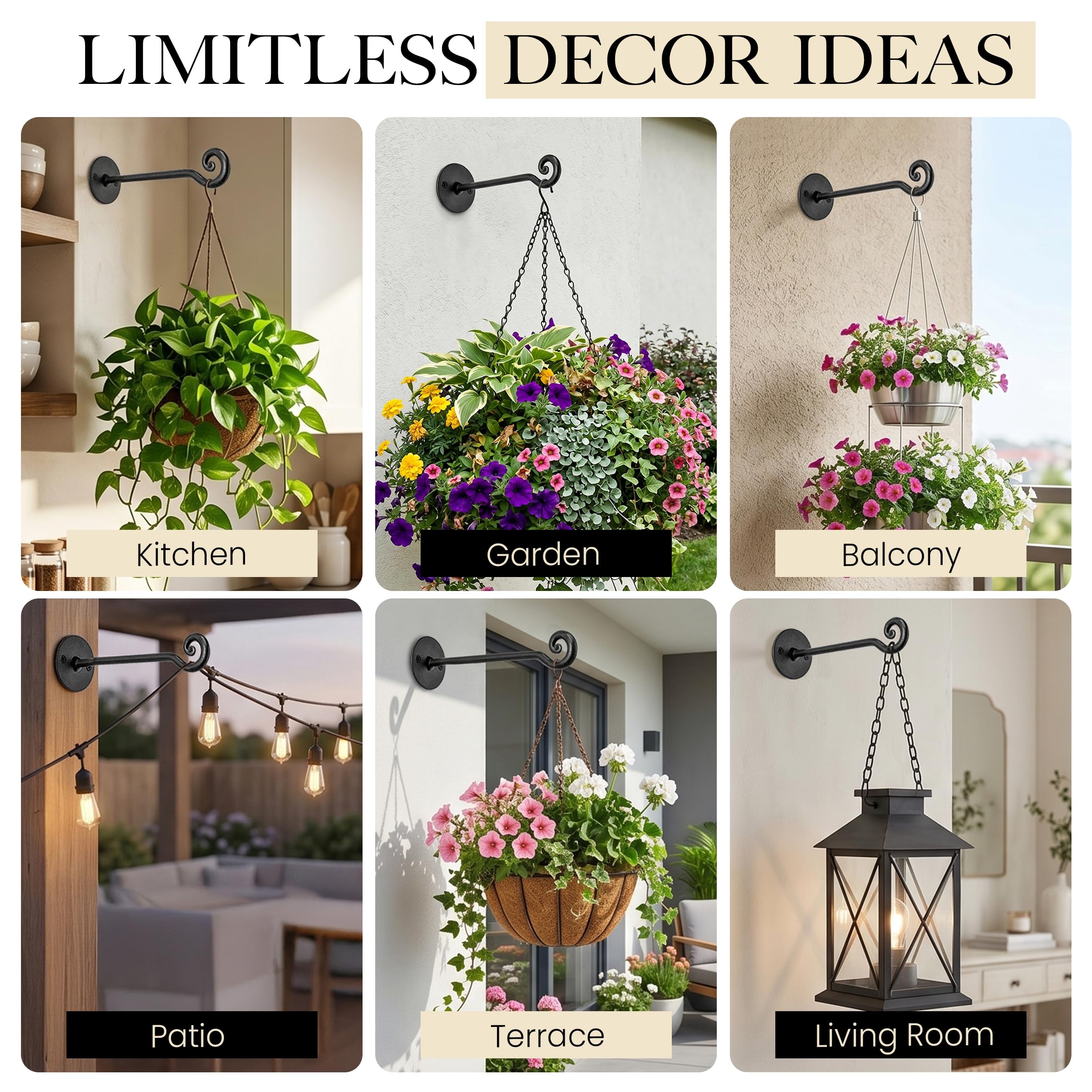 Black Swirl Hooks Wrought Iron Wall Mounted Plant Hanger 2 Pack - Image 6