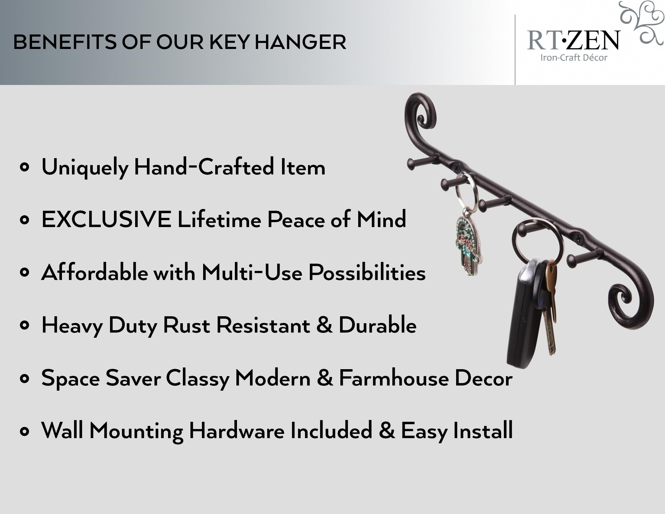 Black Classic Wall Mounted Key Holder with 5 Hooks - Image 2