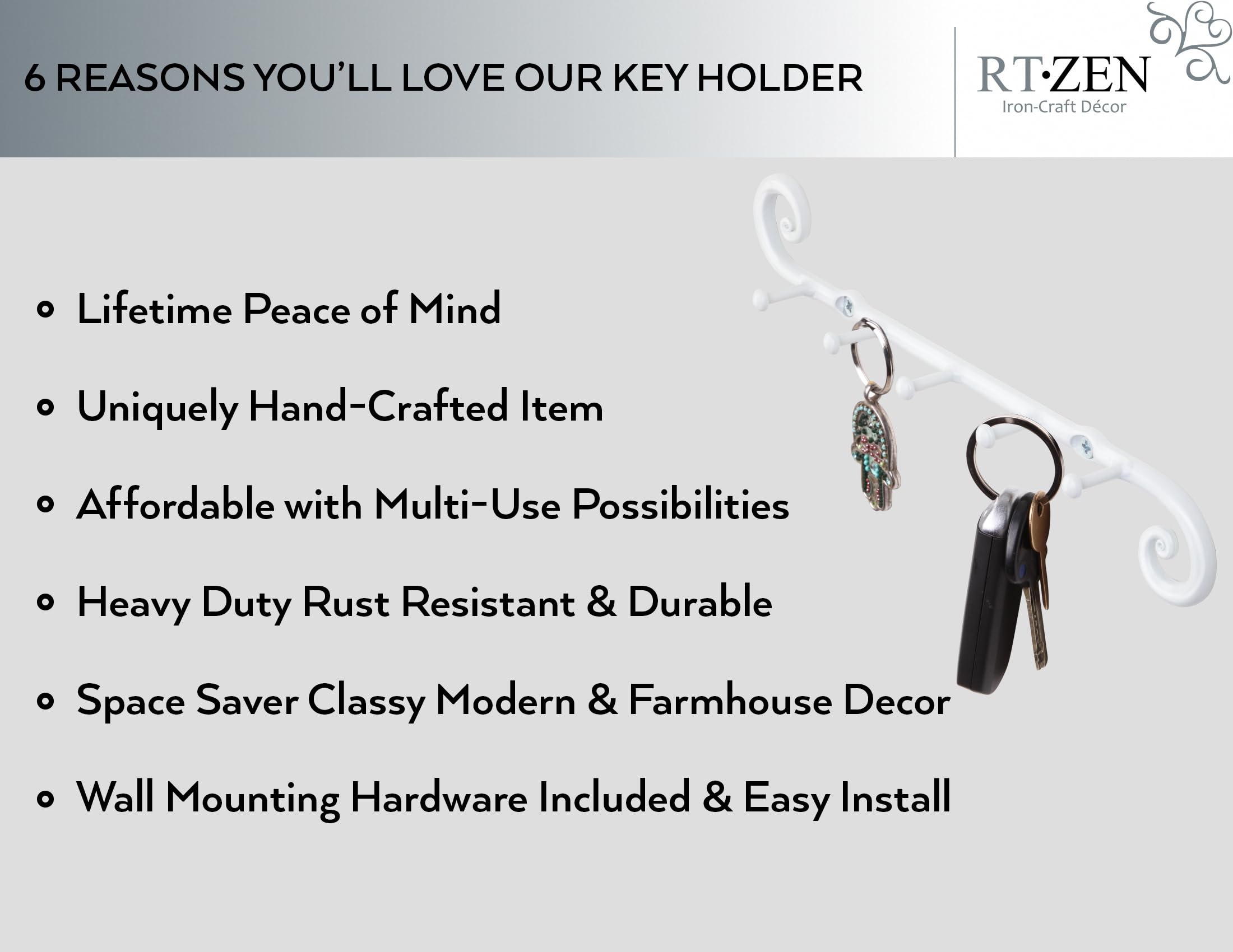 White Classic Wall Mounted Key Holder with 5 Hooks - Image 2