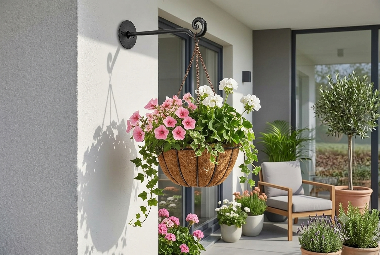 Black swirl wrought iron plant hanger wall-mounted bracket holding a flowering hanging basket on an exterior wall