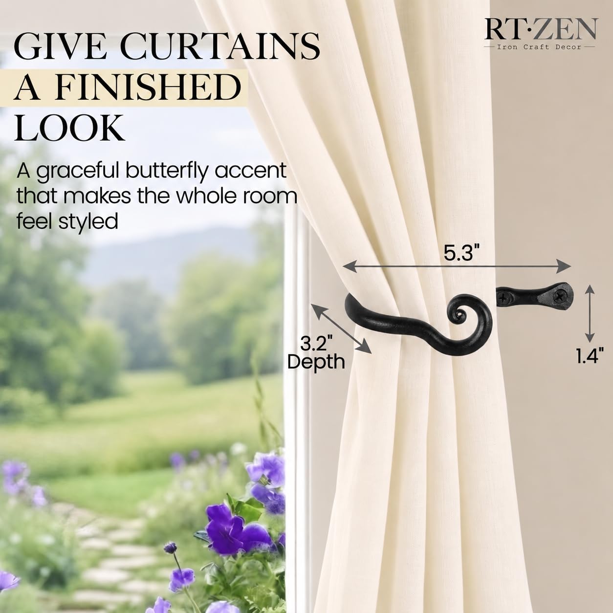 Black Classic Curtain Holdbacks, Hand-Forged Wrought Iron Tiebacks - Image 2