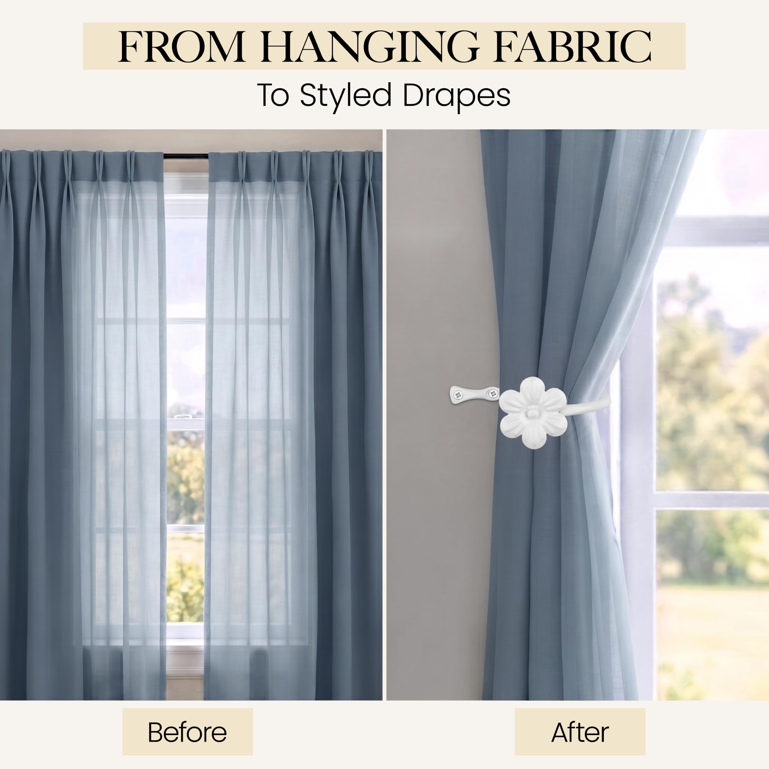 White Flower Curtain Holdbacks, Hand-Forged Wrought Iron Tiebacks - Image 5