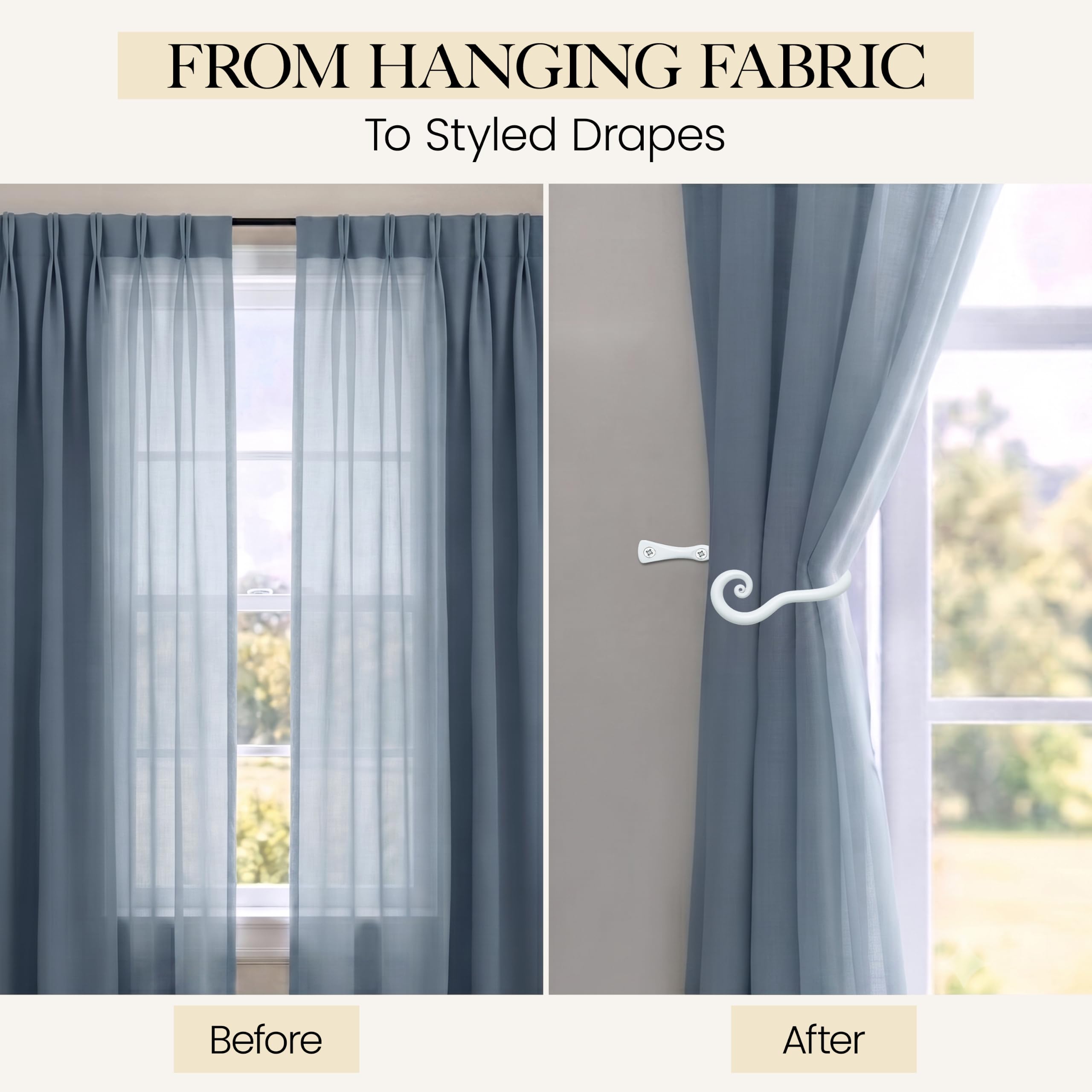 White Classic Curtain Holdbacks, Hand-Forged Wrought Iron Tiebacks - Image 5