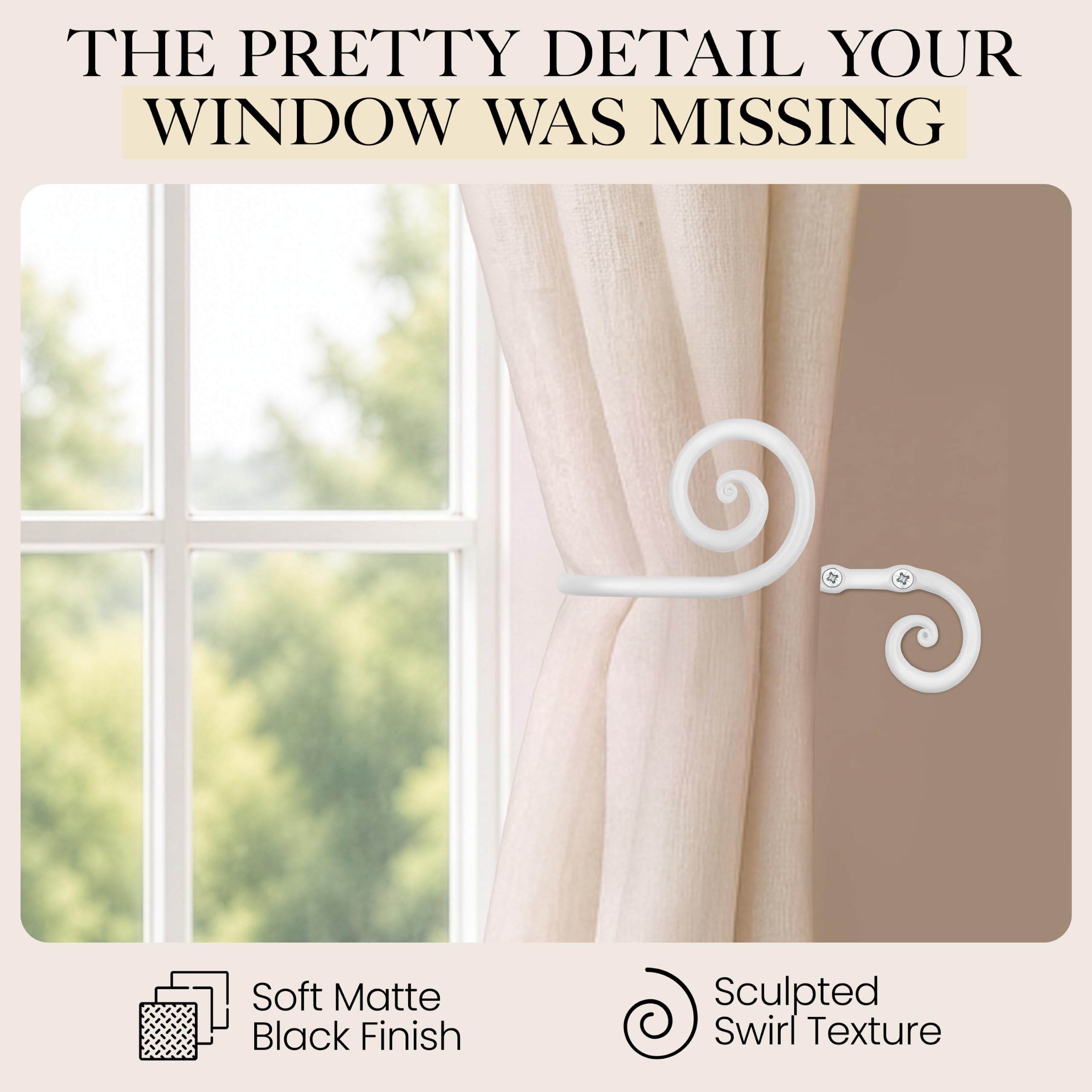 White Swirly Curtain Holdbacks, Hand-Forged Wrought Iron Tiebacks - Image 4