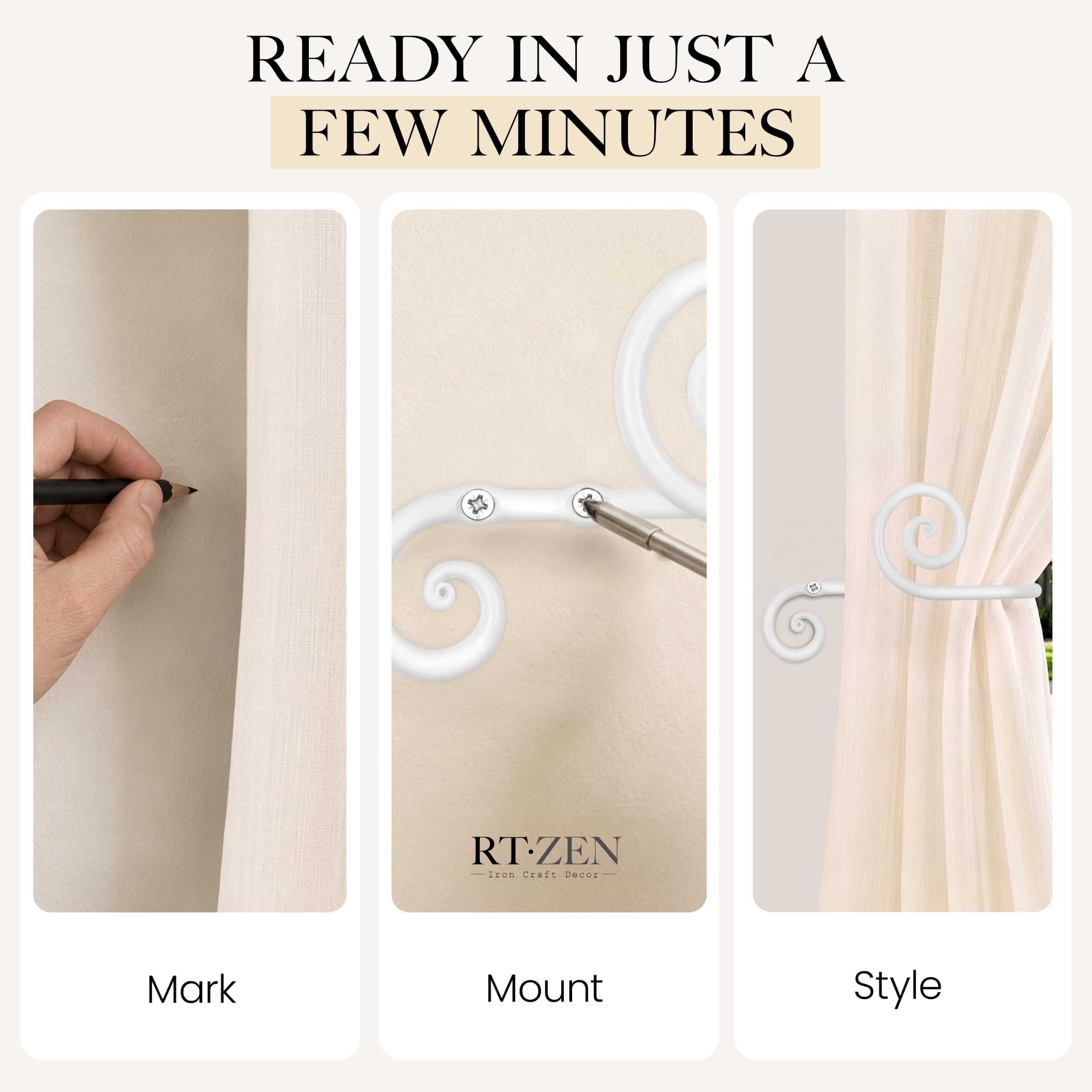 White Swirly Curtain Holdbacks, Hand-Forged Wrought Iron Tiebacks - Image 7