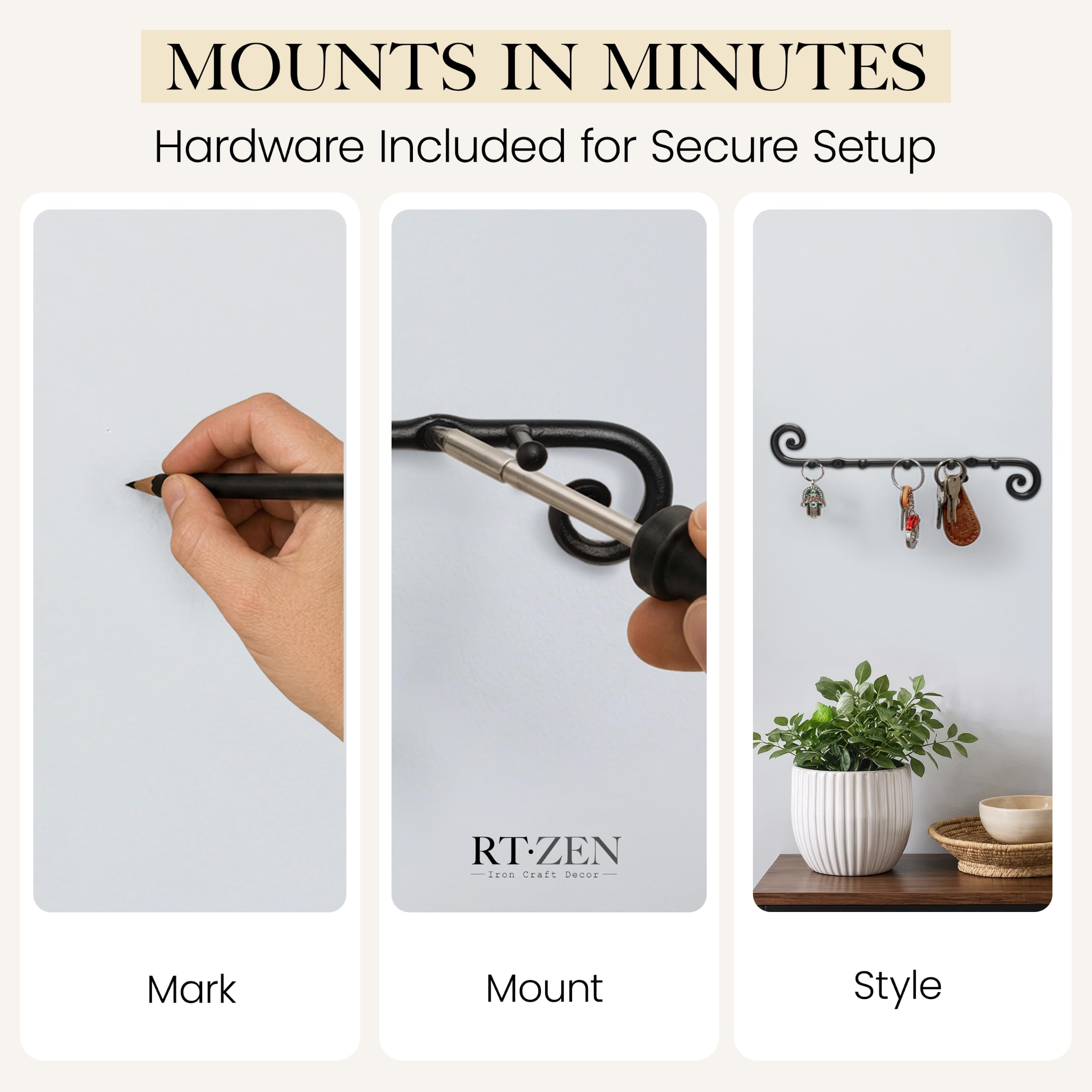 Black Classic Wall Mounted Key Holder with 5 Hooks - Image 6