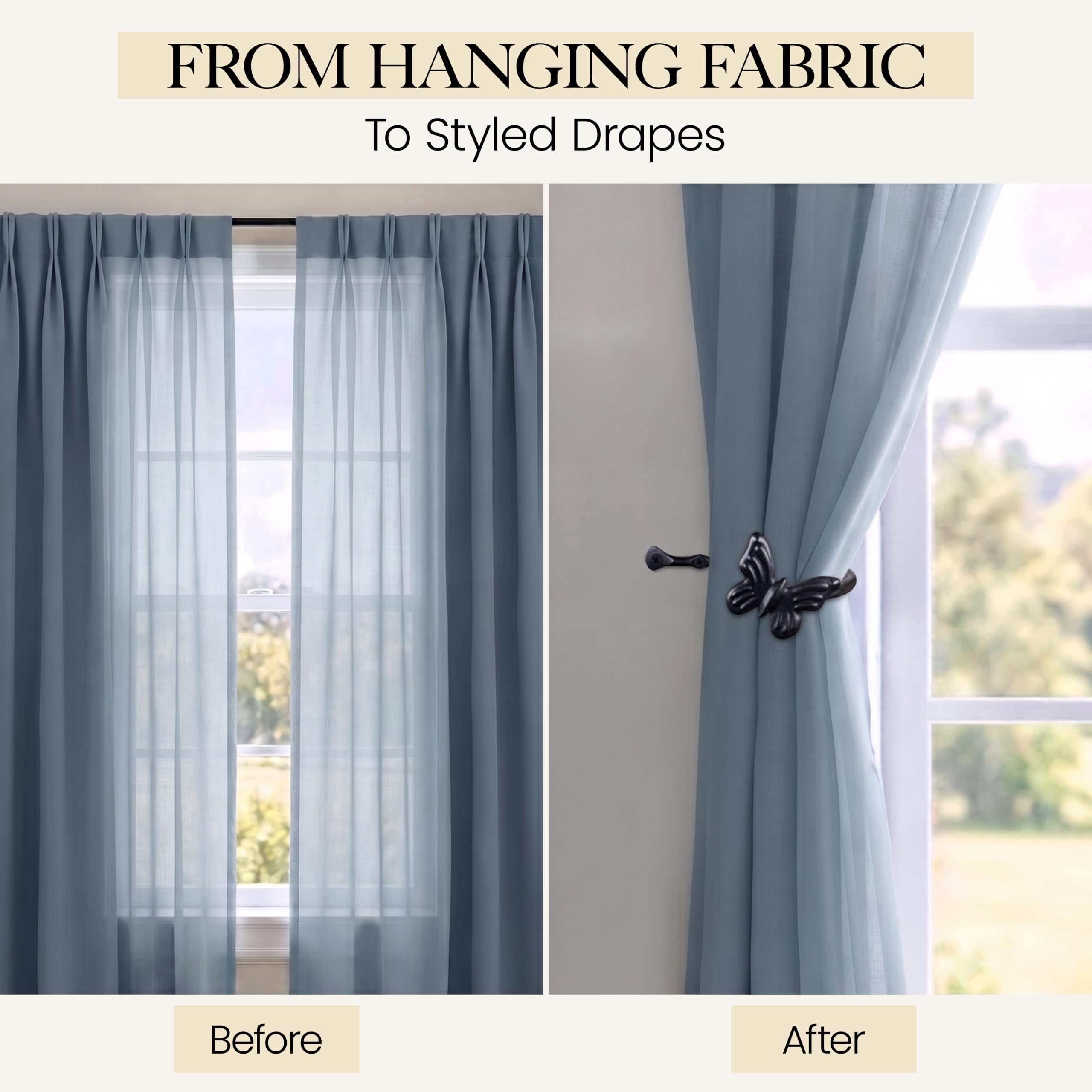 Black Butterfly Curtain Holdbacks, Hand-Forged Wrought Iron Tiebacks - Image 4