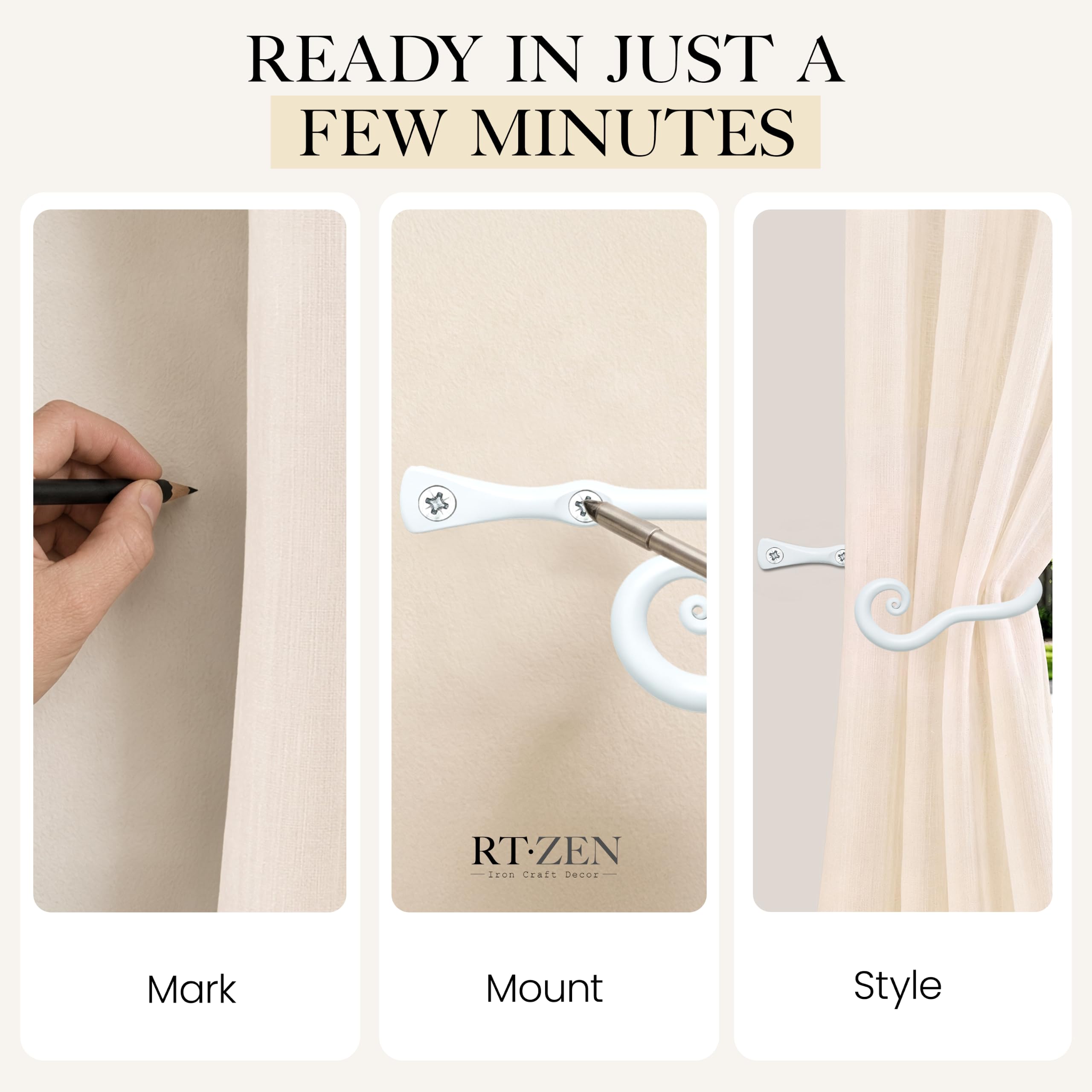 White Classic Curtain Holdbacks, Hand-Forged Wrought Iron Tiebacks - Image 7