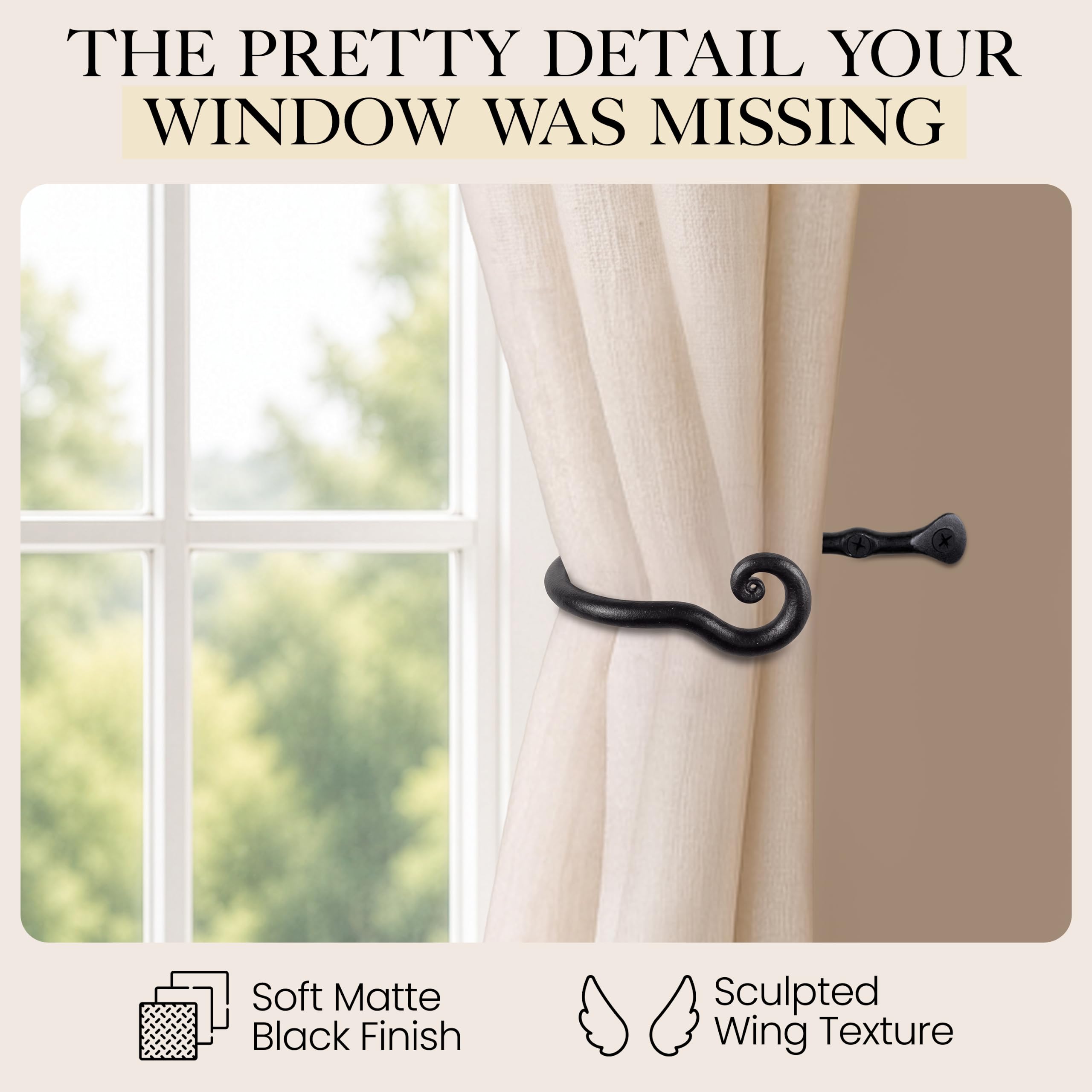 Black Classic Curtain Holdbacks, Hand-Forged Wrought Iron Tiebacks - Image 4
