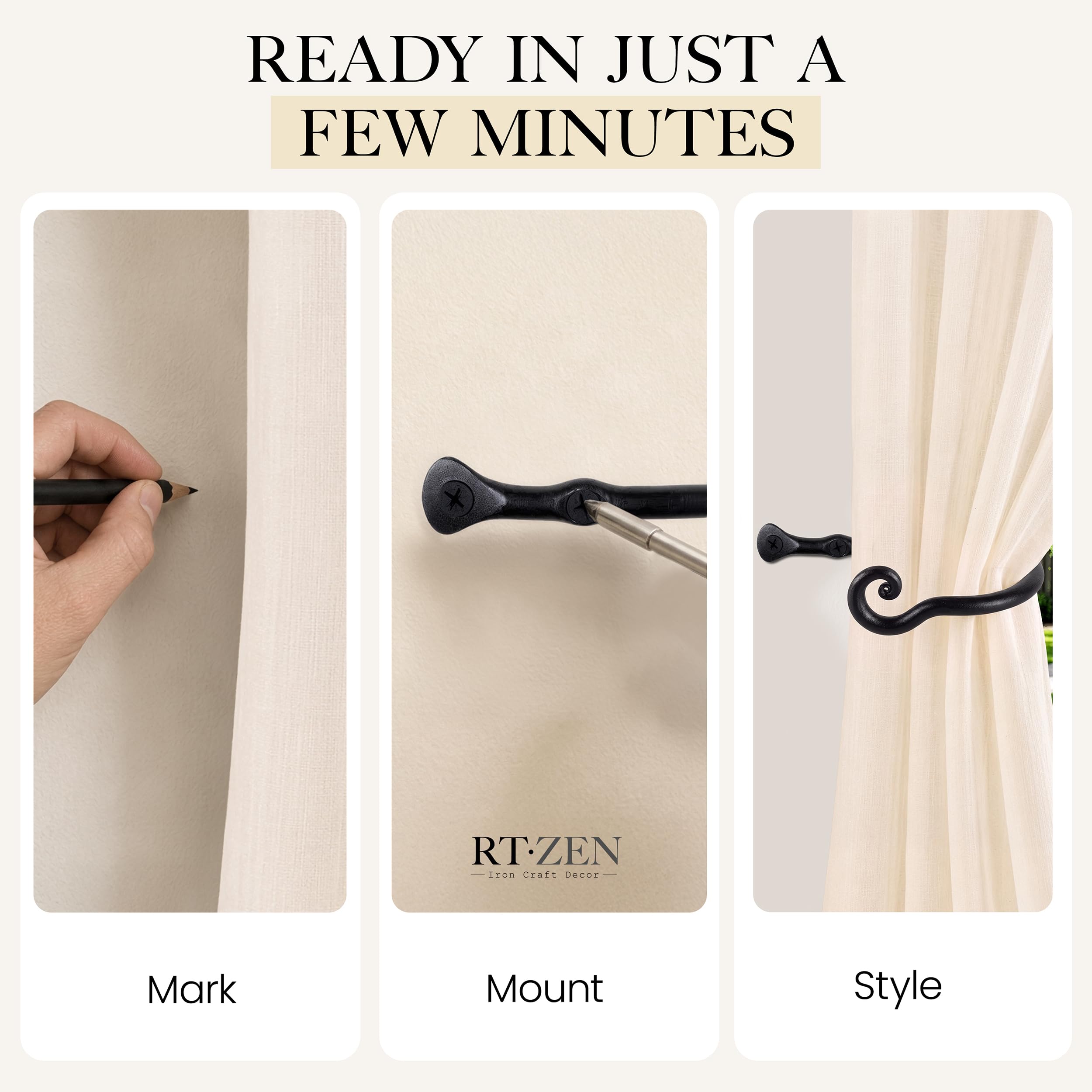 Black Classic Curtain Holdbacks, Hand-Forged Wrought Iron Tiebacks - Image 7