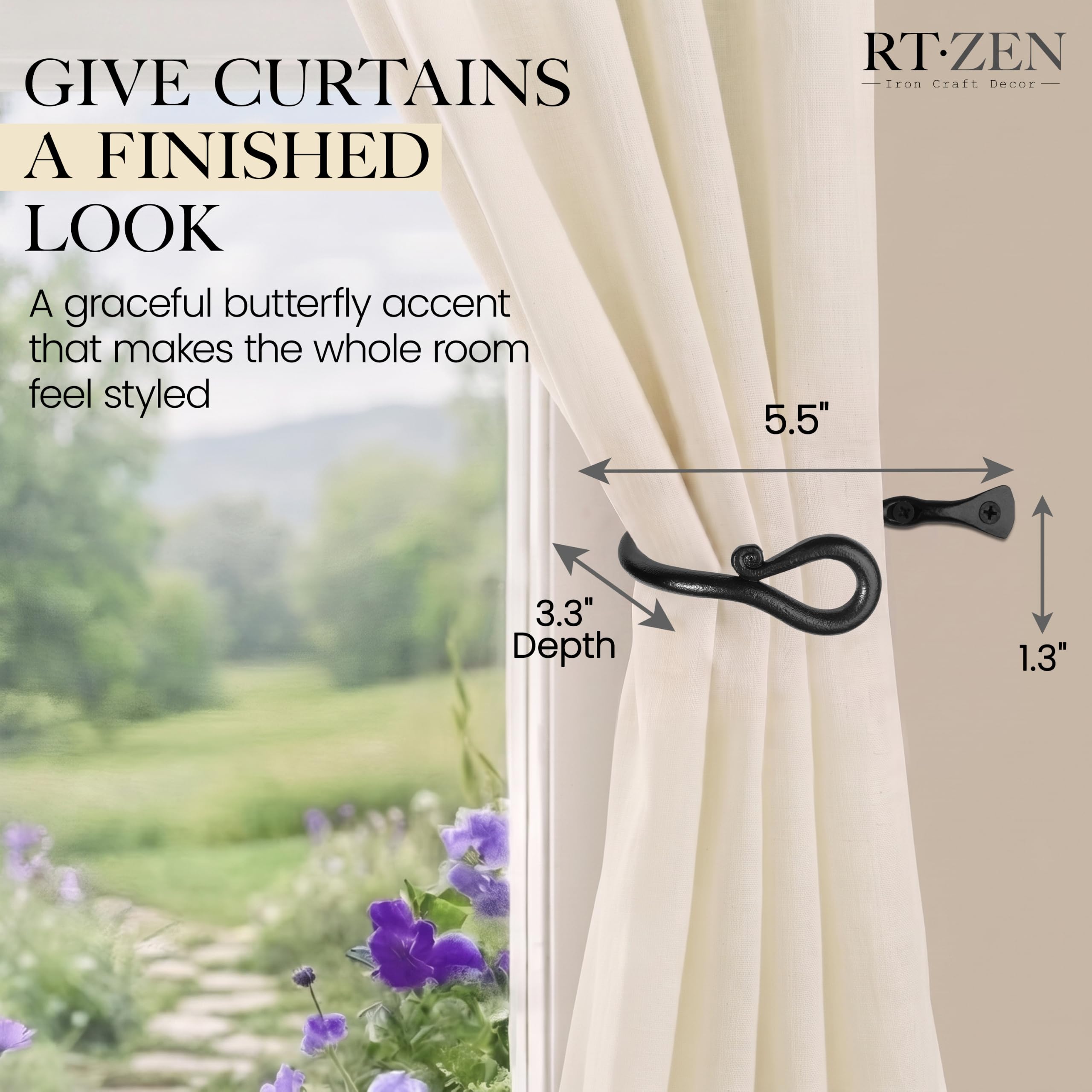 Black Loophole Curtain Holdbacks, Hand-Forged Wrought Iron Tiebacks - Image 2