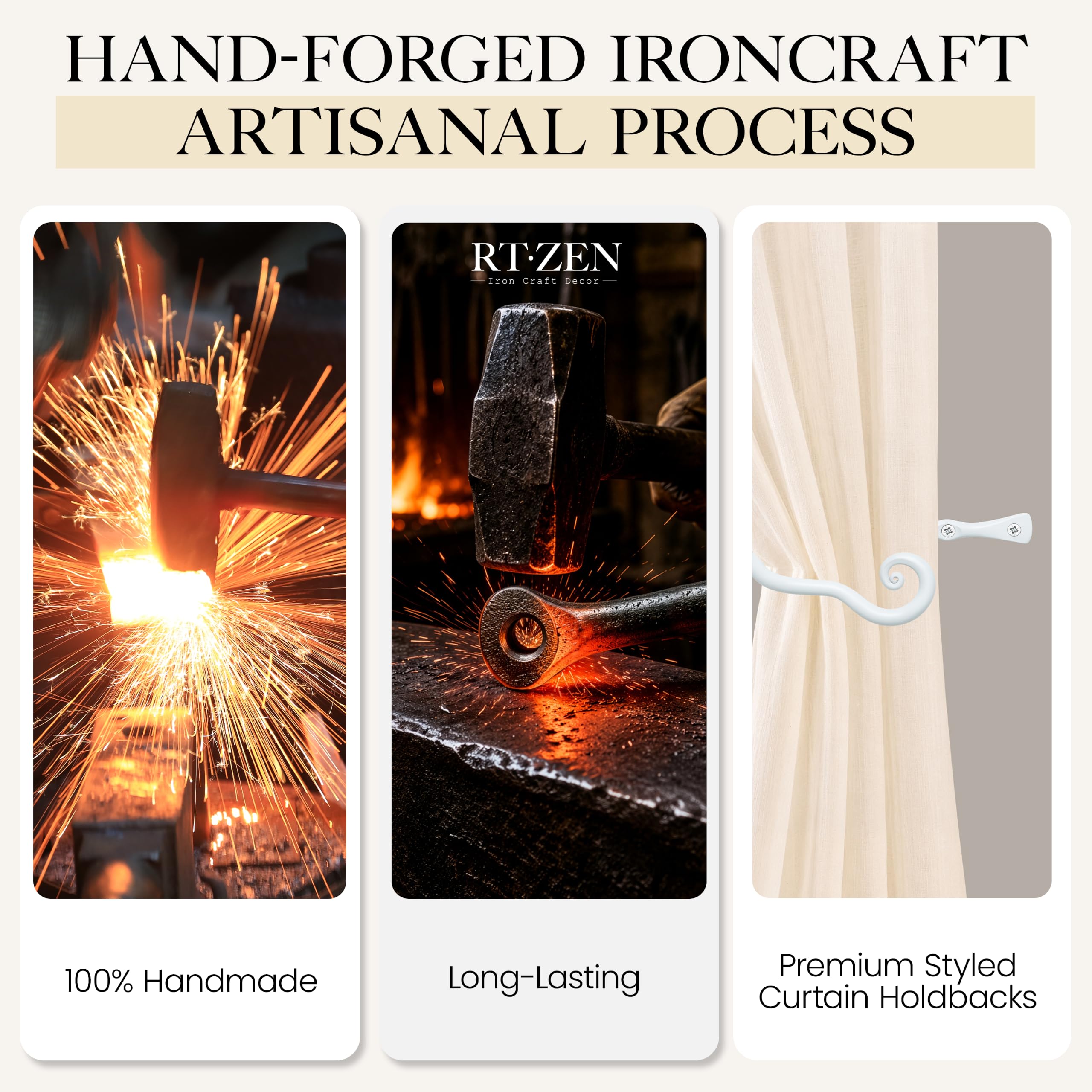 White Classic Curtain Holdbacks, Hand-Forged Wrought Iron Tiebacks - Image 3