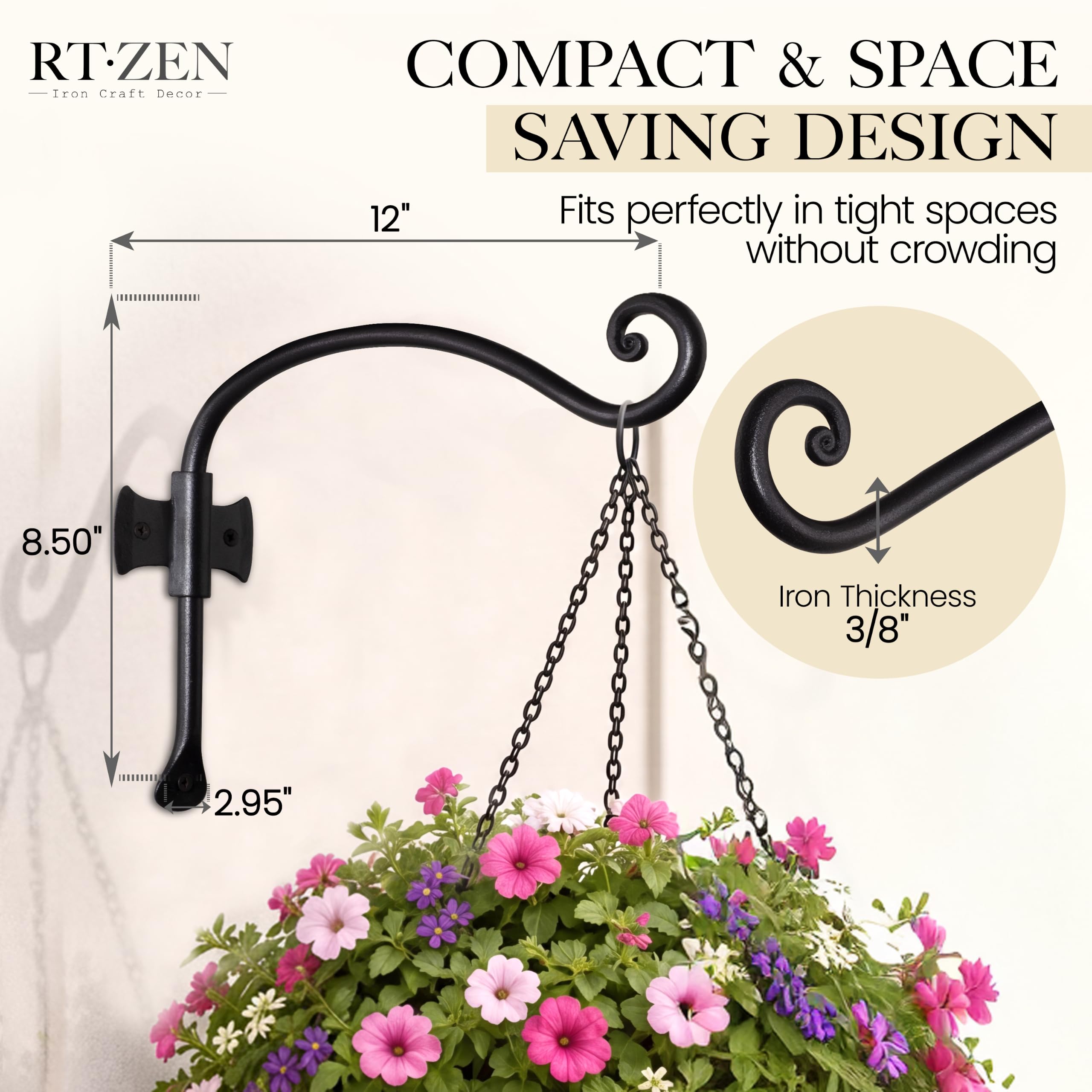 Black Curved Hooks 12" Wrought Iron Wall Mounted Plant Hanger 2 Pack - Image 2
