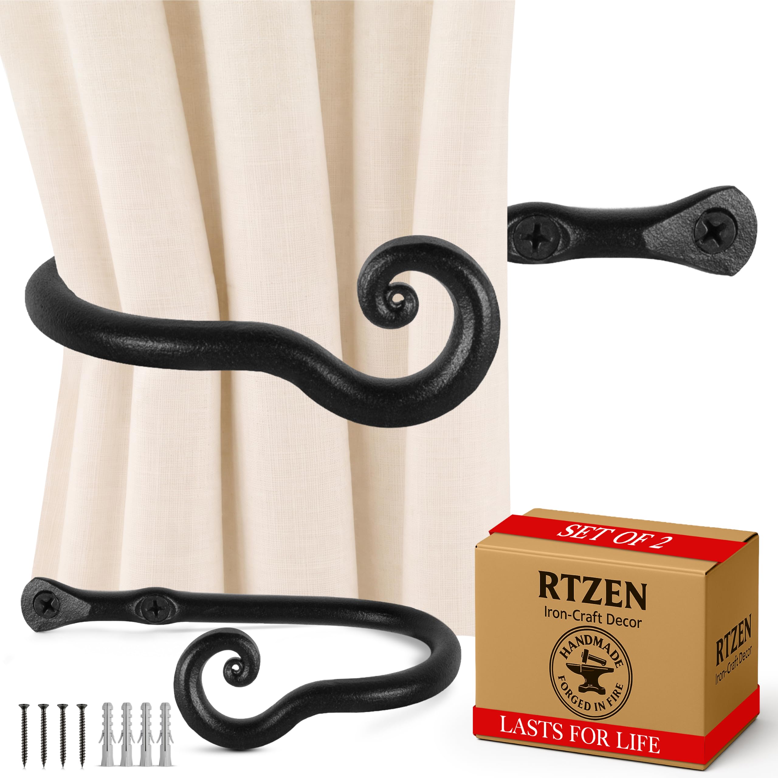 Black Classic Curtain Holdbacks, Hand-Forged Wrought Iron Tiebacks