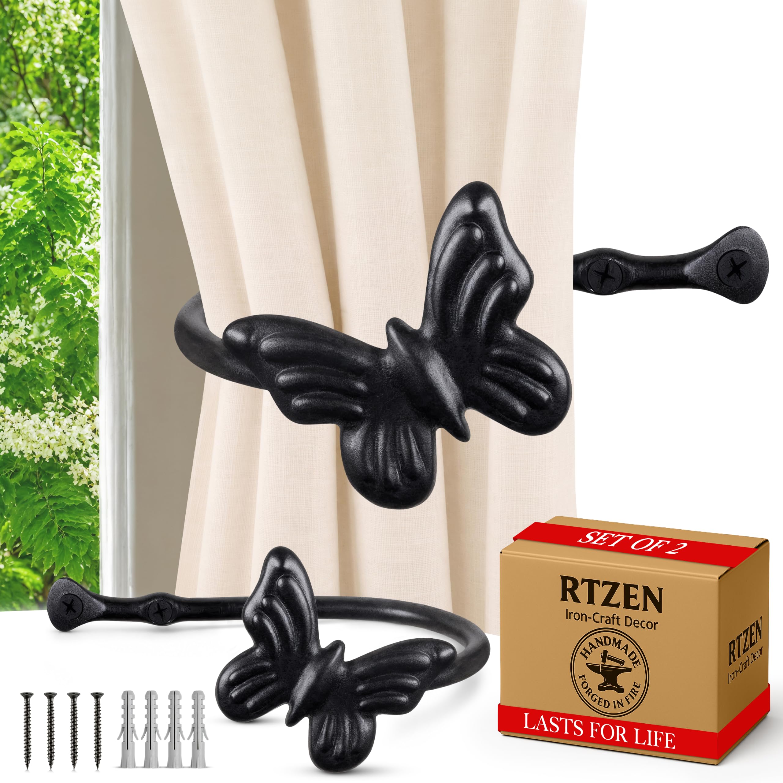 Black Butterfly Curtain Holdbacks, Hand-Forged Wrought Iron Tiebacks