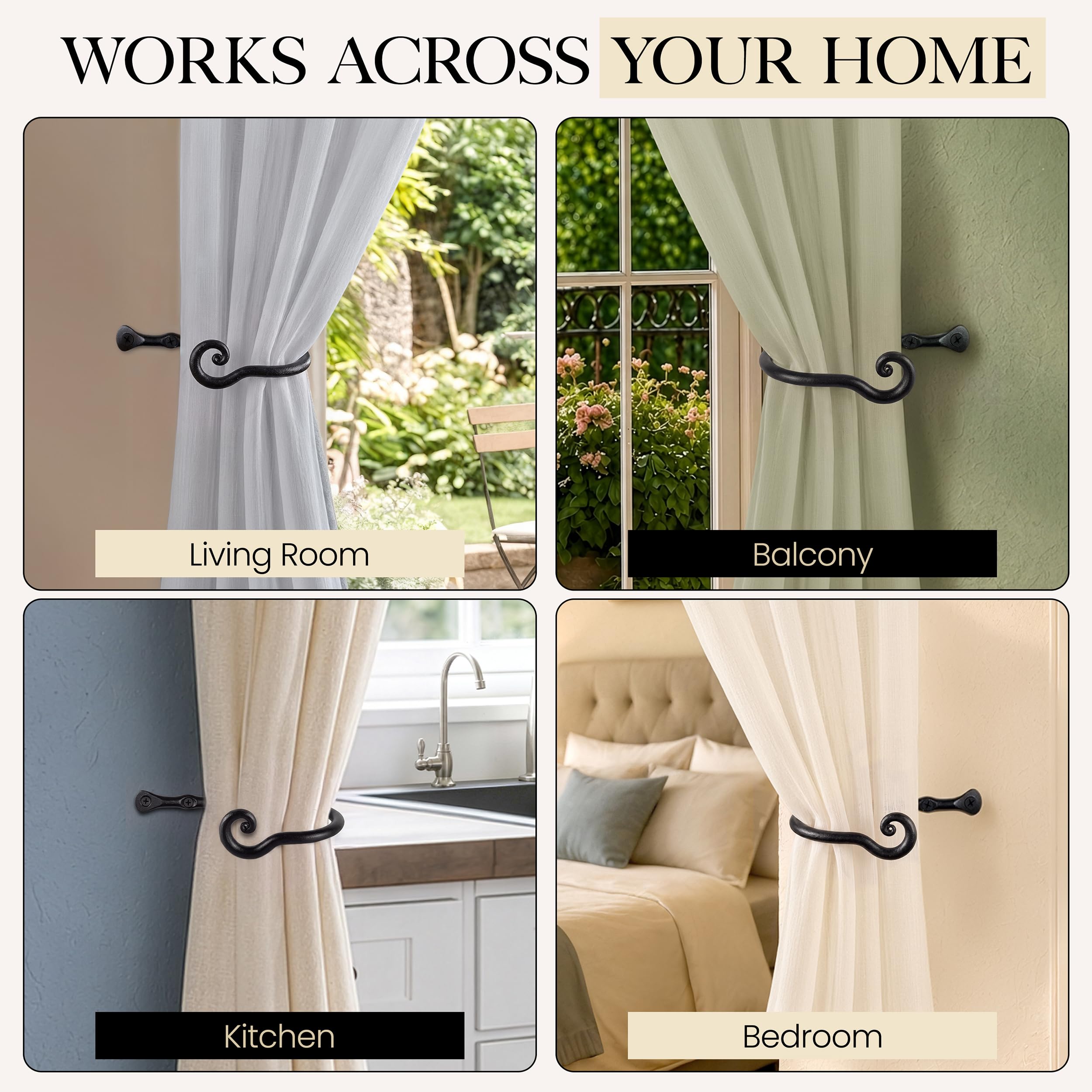 Black Classic Curtain Holdbacks, Hand-Forged Wrought Iron Tiebacks - Image 6