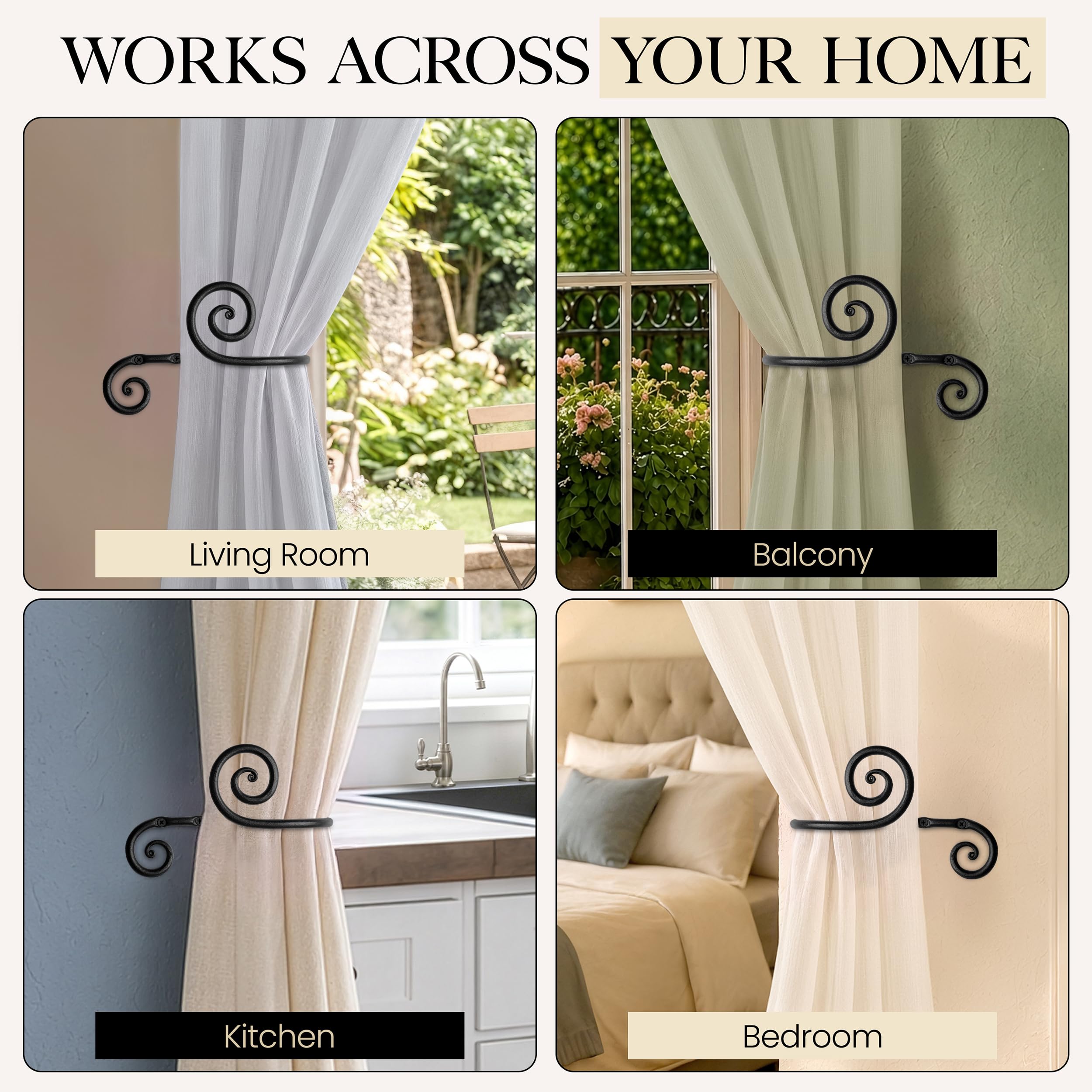 Black Swirly Curtain Holdbacks, Hand-Forged Wrought Iron Tiebacks - Image 6