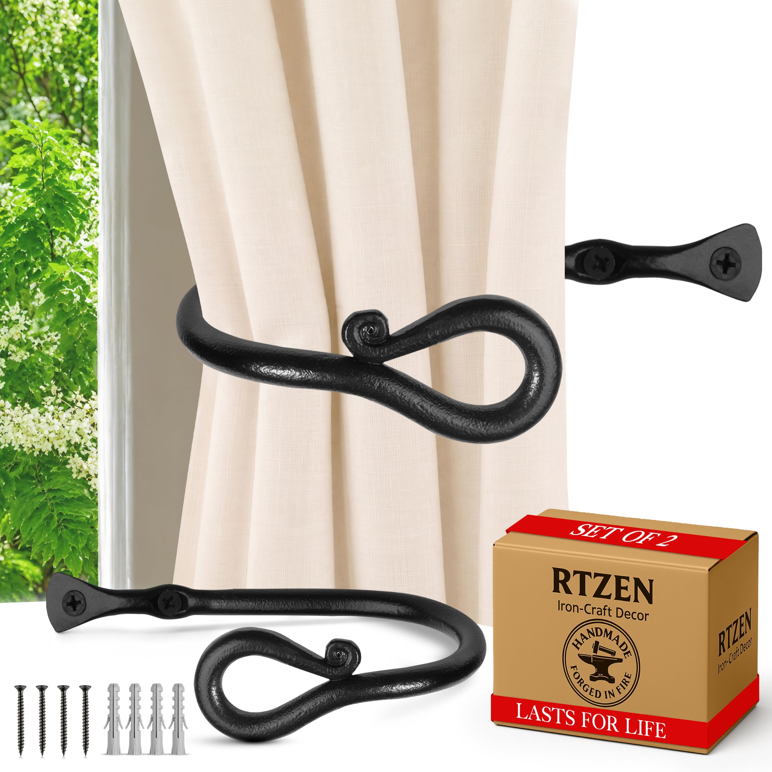 Black Loophole Curtain Holdbacks, Hand-Forged Wrought Iron Tiebacks