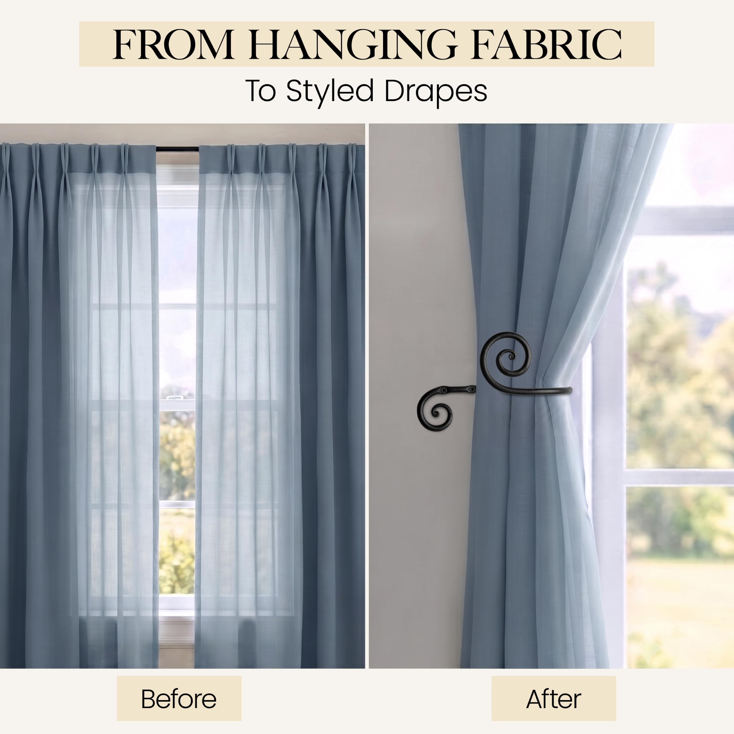 Black Swirly Curtain Holdbacks, Hand-Forged Wrought Iron Tiebacks - Image 5