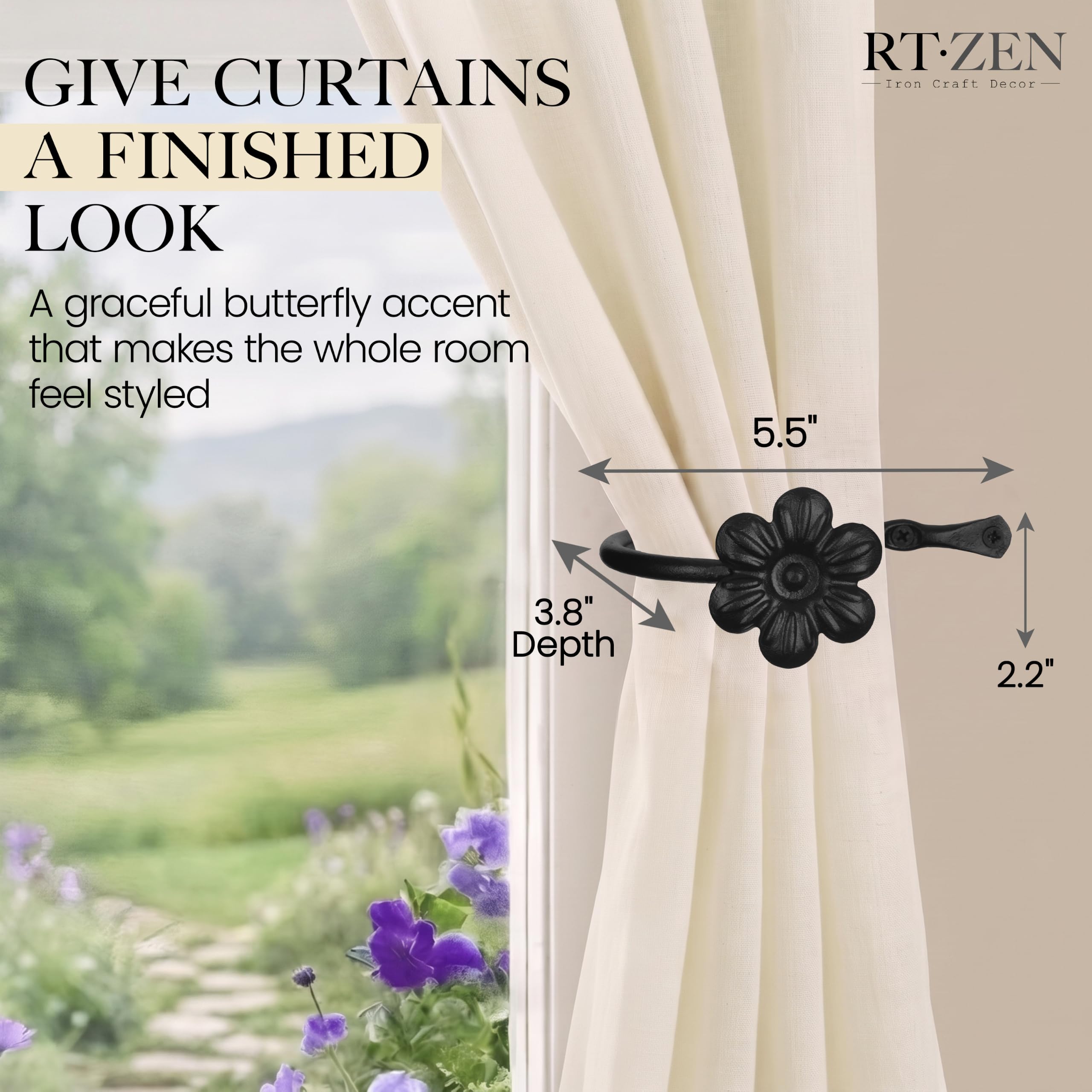 Black Flower Curtain Holdbacks, Hand-Forged Wrought Iron Tiebacks - Image 2