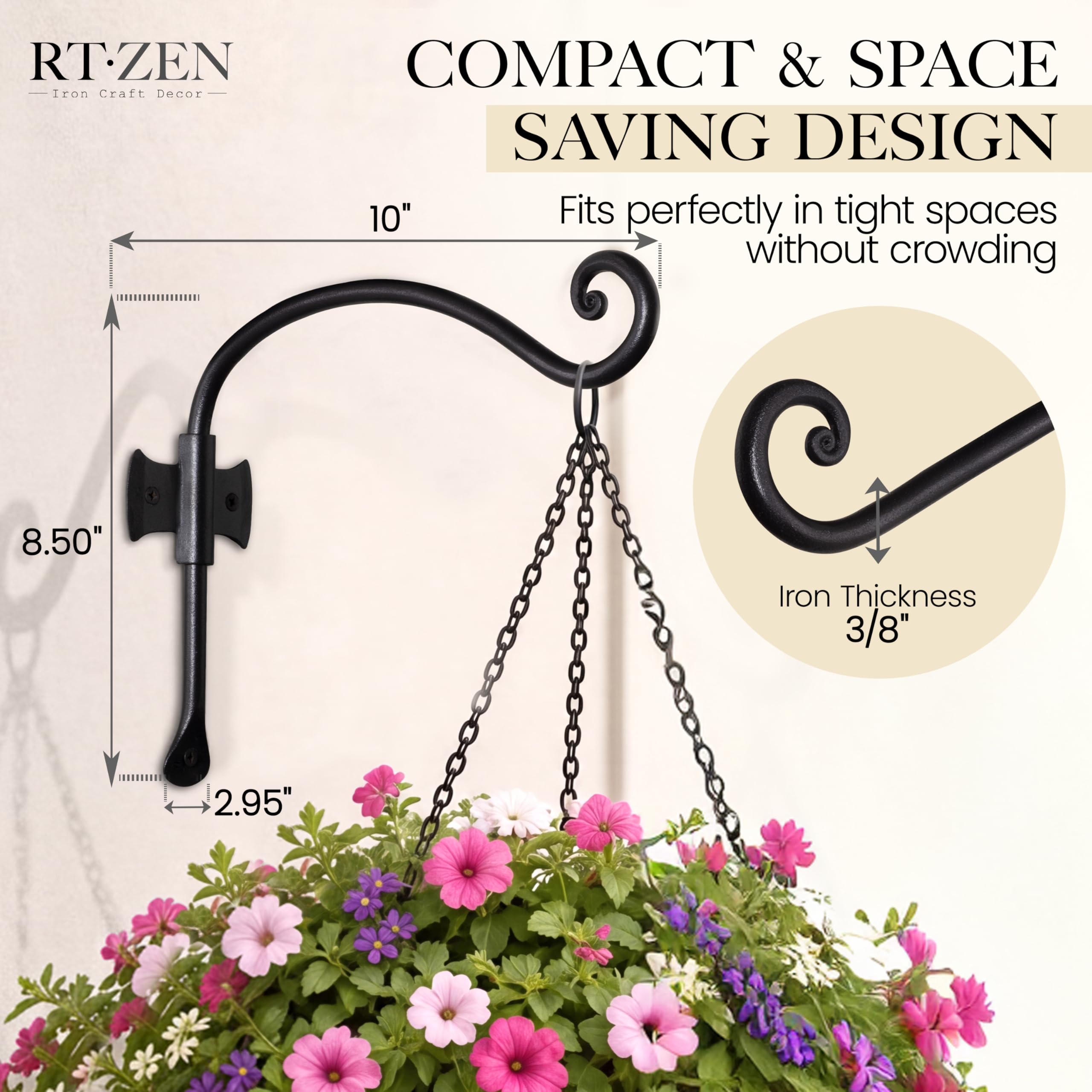 Black Curved Hooks 10" Wrought Iron Wall Mounted Plant Hanger 2 Pack - Image 2