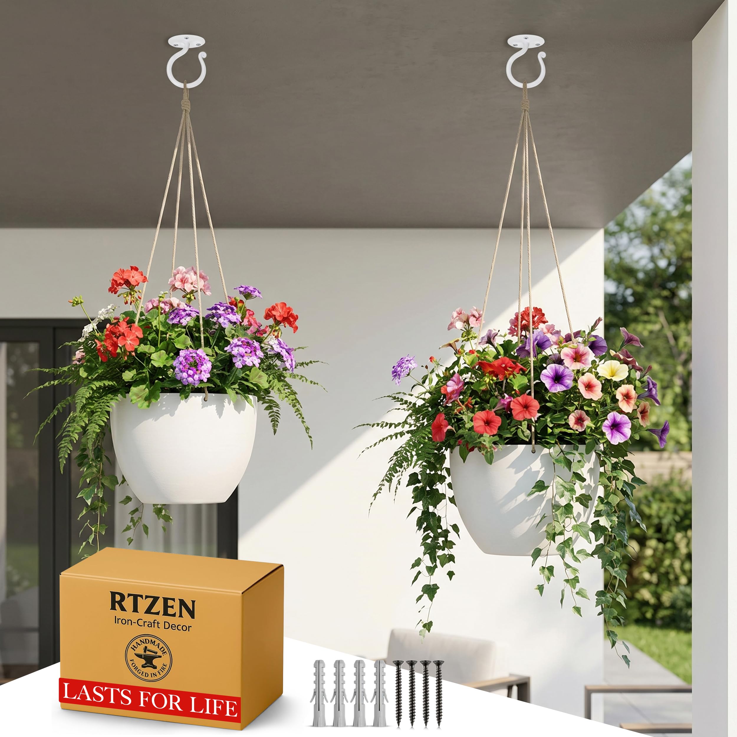 White Ceiling Hooks Wrought Iron Plant Hanger 2 Pack - Image 6