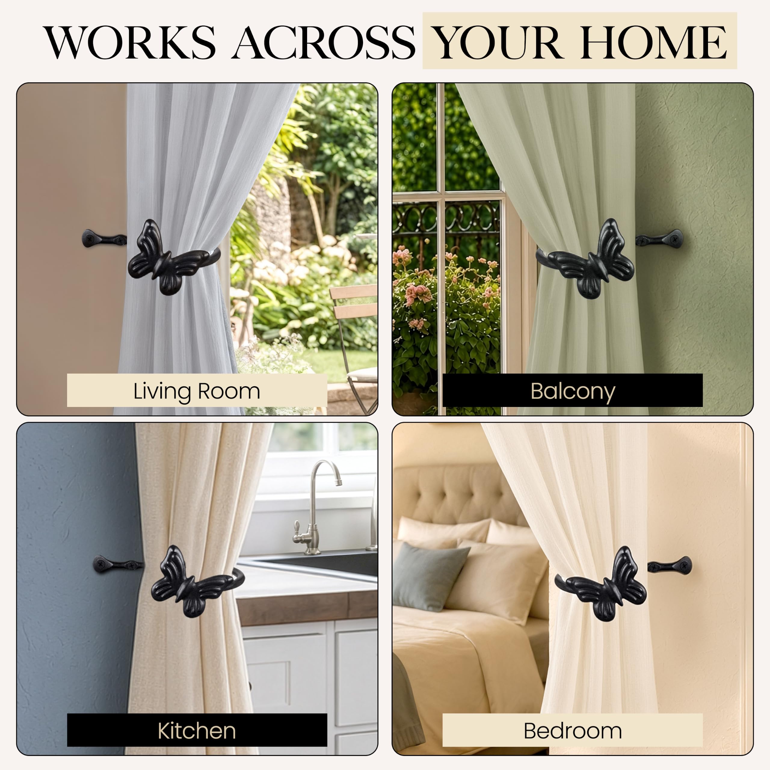 Black Butterfly Curtain Holdbacks, Hand-Forged Wrought Iron Tiebacks - Image 5