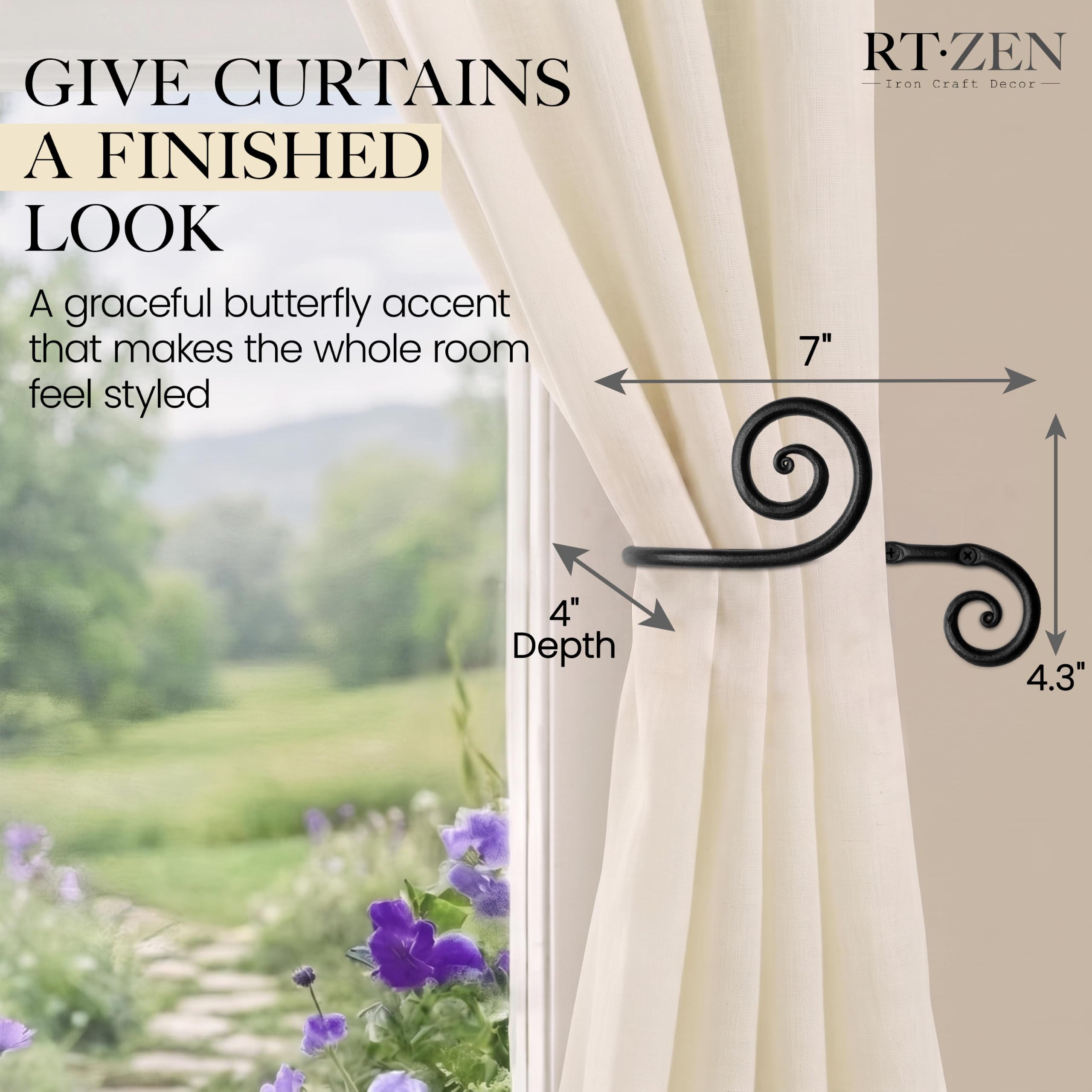 Black Swirly Curtain Holdbacks, Hand-Forged Wrought Iron Tiebacks - Image 2