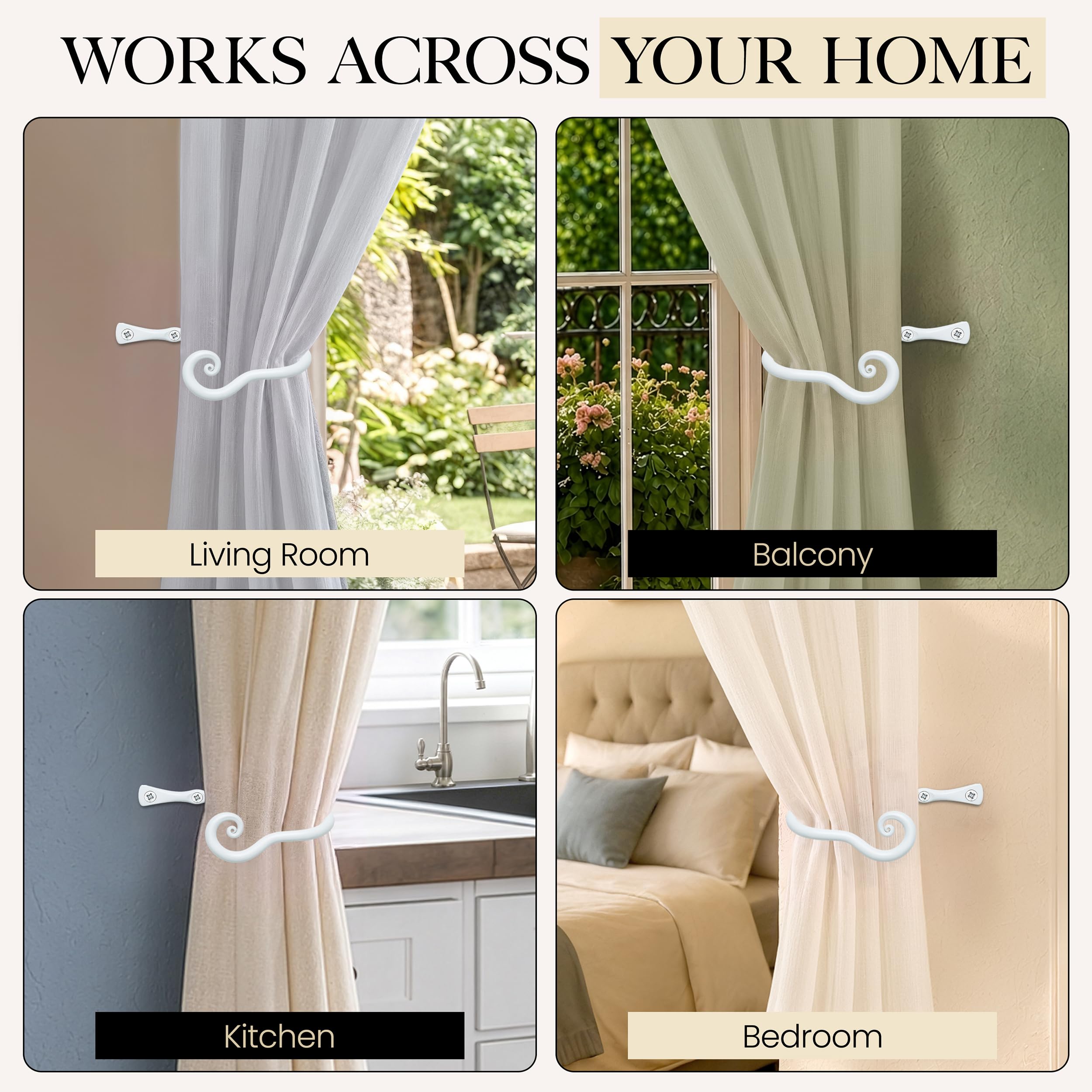 White Classic Curtain Holdbacks, Hand-Forged Wrought Iron Tiebacks - Image 6