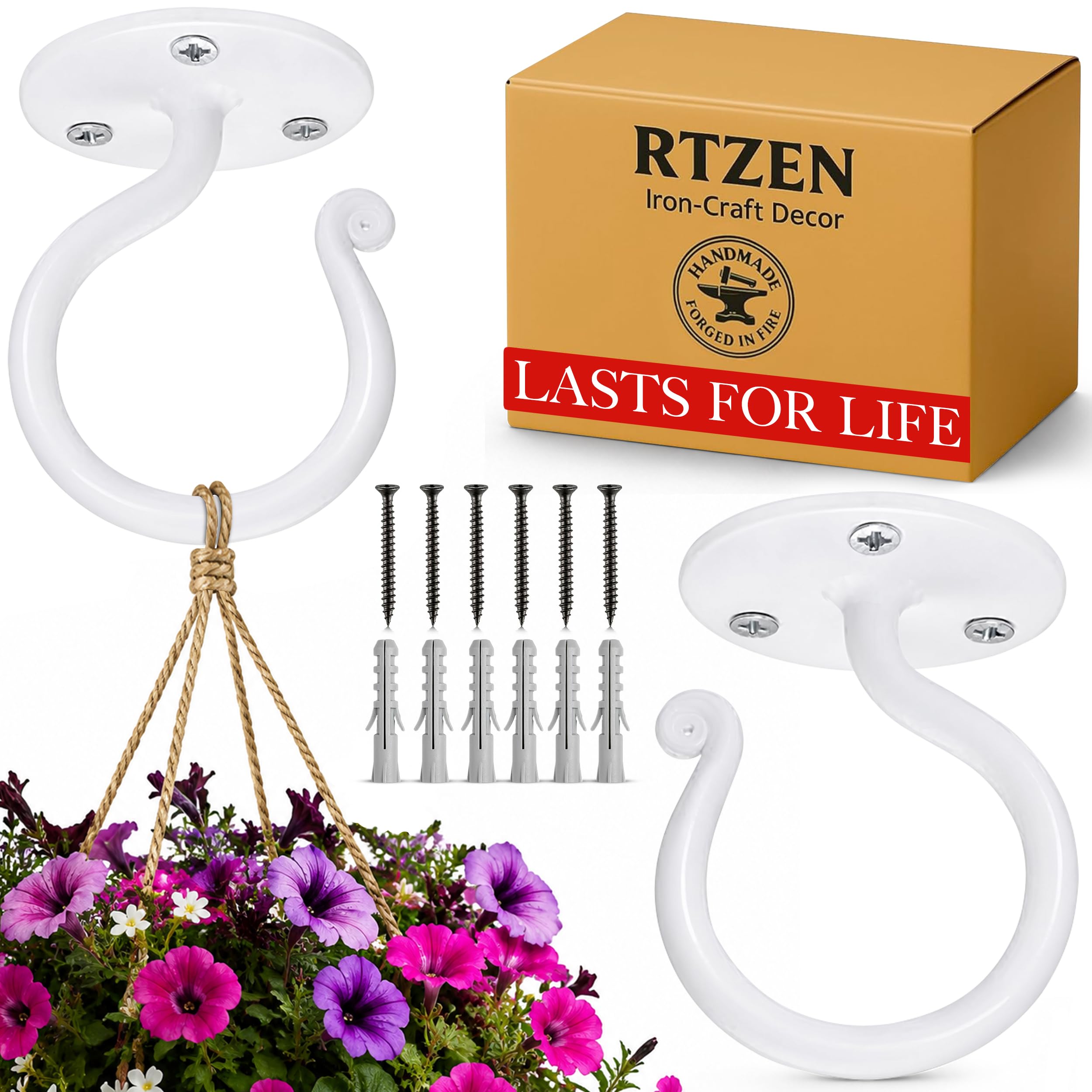 White Ceiling Hooks Wrought Iron Plant Hanger 2 Pack