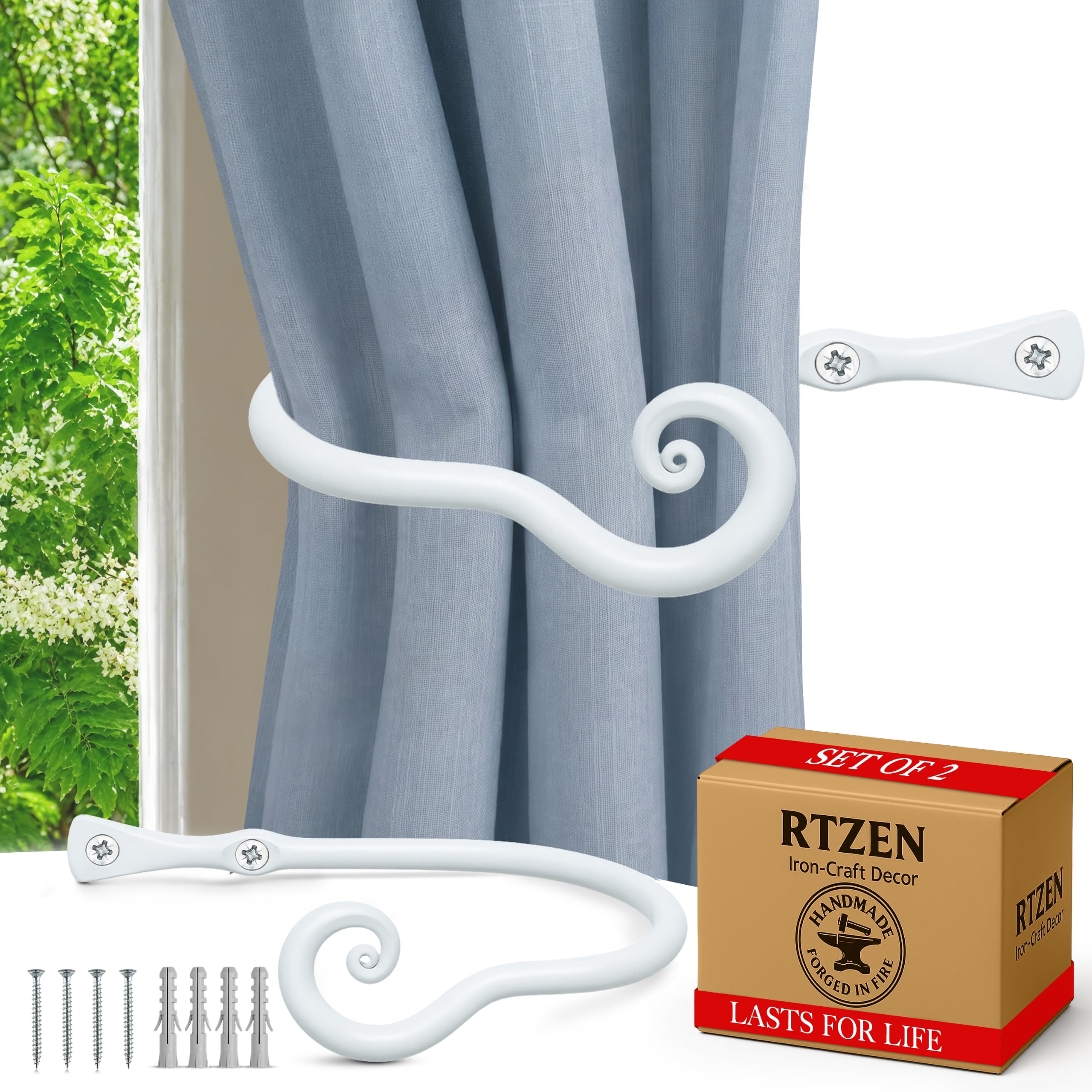 White Classic Curtain Holdbacks, Hand-Forged Wrought Iron Tiebacks